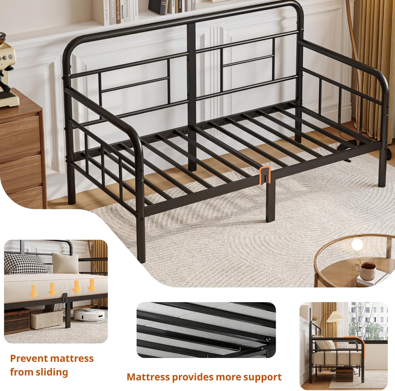 Twin Daybed with Headboard,Sofa Day Bed Frame, Heavy Duty Sturdy Metal Slats for Bedroom,Guest Room,Living Room, Easy Assembly, Modern,Space Saving,Black