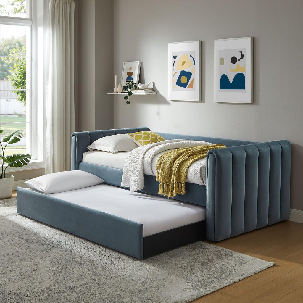 Veyla Twin Size Boucle Fabric Daybed in Cloud with Trundle – Channel Tufted Upholstered Sofa Bed with Wood Slat Support