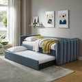 Veyla Twin Size Boucle Fabric Daybed in Cloud with Trundle – Channel Tufted Upholstered Sofa Bed with Wood Slat Support