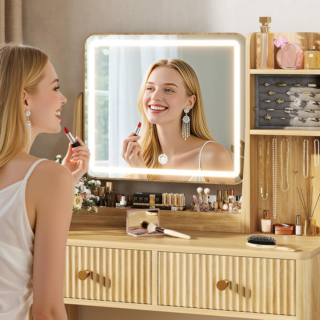 Memobarco Fluted Vanity Desk with Mirror and Lights, Small Makeup Vanity with 2 Drawers and Jewelry Storage Cabinet, 3 Lighting Modes Adjustable Brightness, Dressing Table for Bedroom - Natural Oak