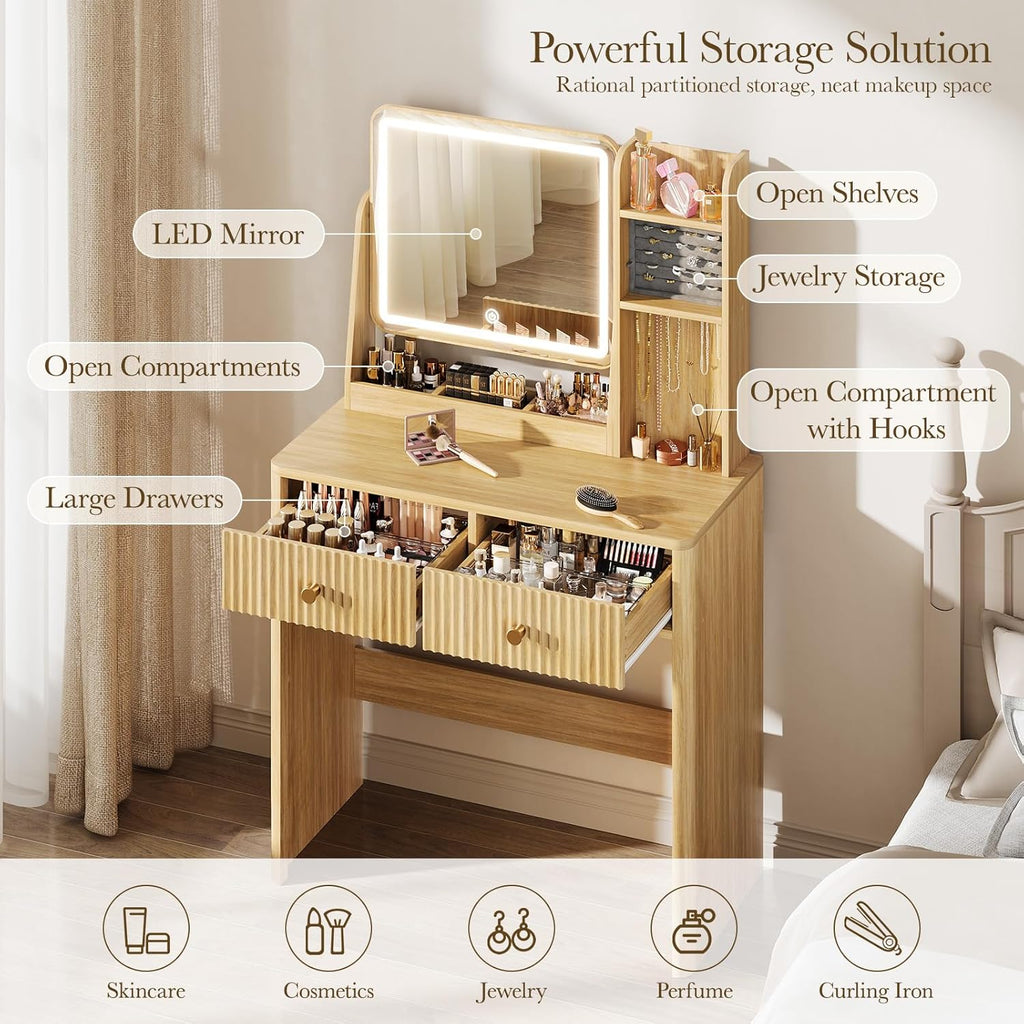 Memobarco Fluted Vanity Desk with Mirror and Lights, Small Makeup Vanity with 2 Drawers and Jewelry Storage Cabinet, 3 Lighting Modes Adjustable Brightness, Dressing Table for Bedroom - Natural Oak