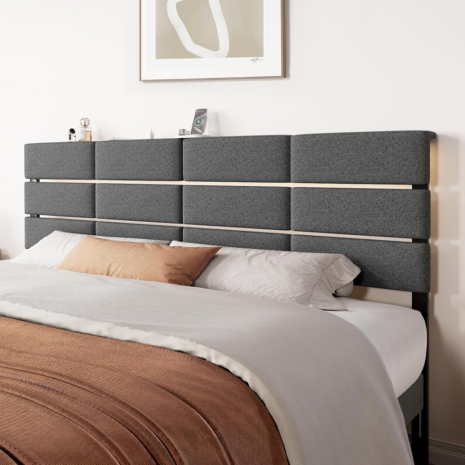 King/Cal King Size Upholstered Headboard, Adjustable Head Boards with LED Light & Charging Station, Bed Headboard Only, Attach Frame, Ideal for Bedroom, Dorm, Guest Room, Dark Grey