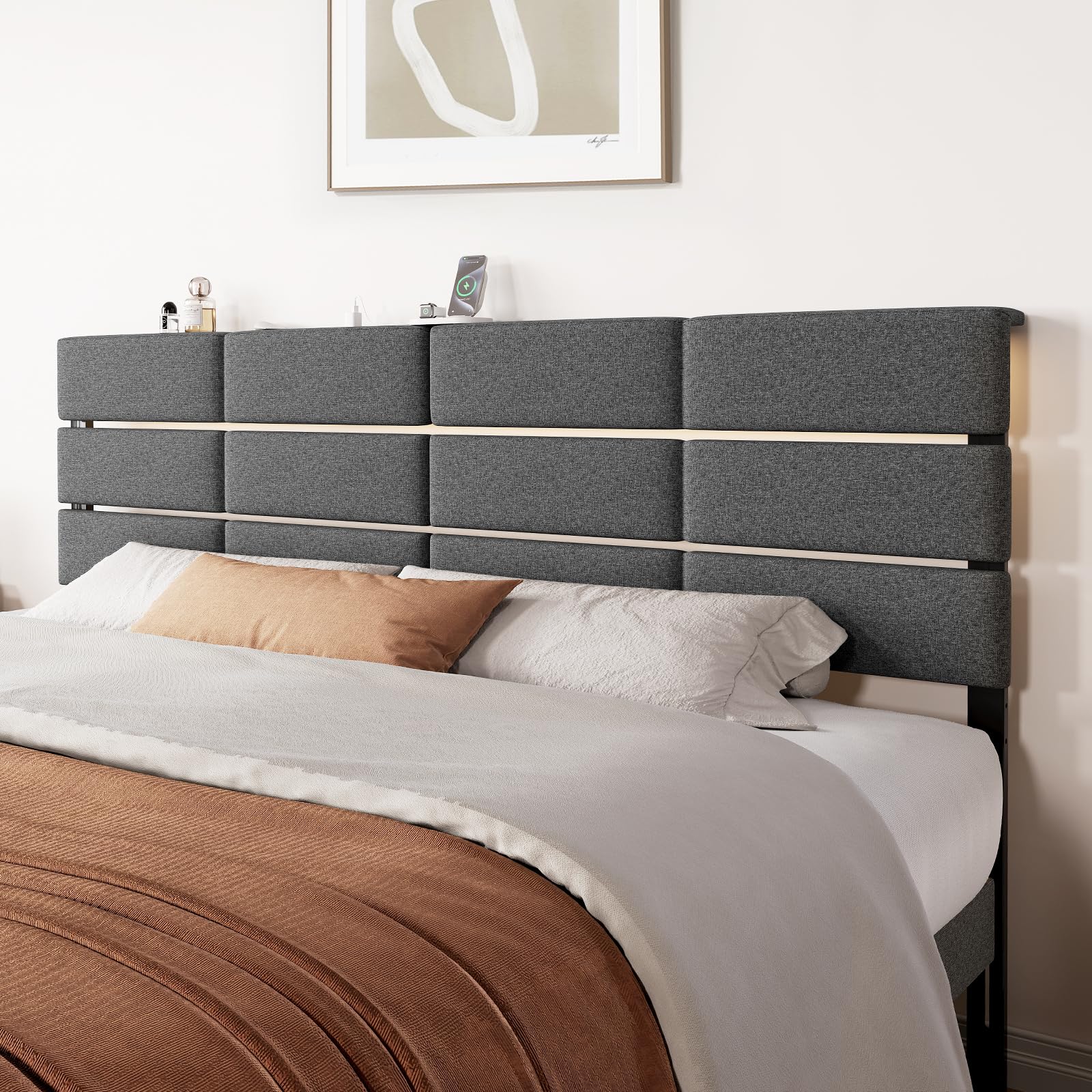 King/Cal King Size Upholstered Headboard, Adjustable Head Boards with LED Light & Charging Station, Bed Headboard Only, Attach Frame, Ideal for Bedroom, Dorm, Guest Room, Dark Grey