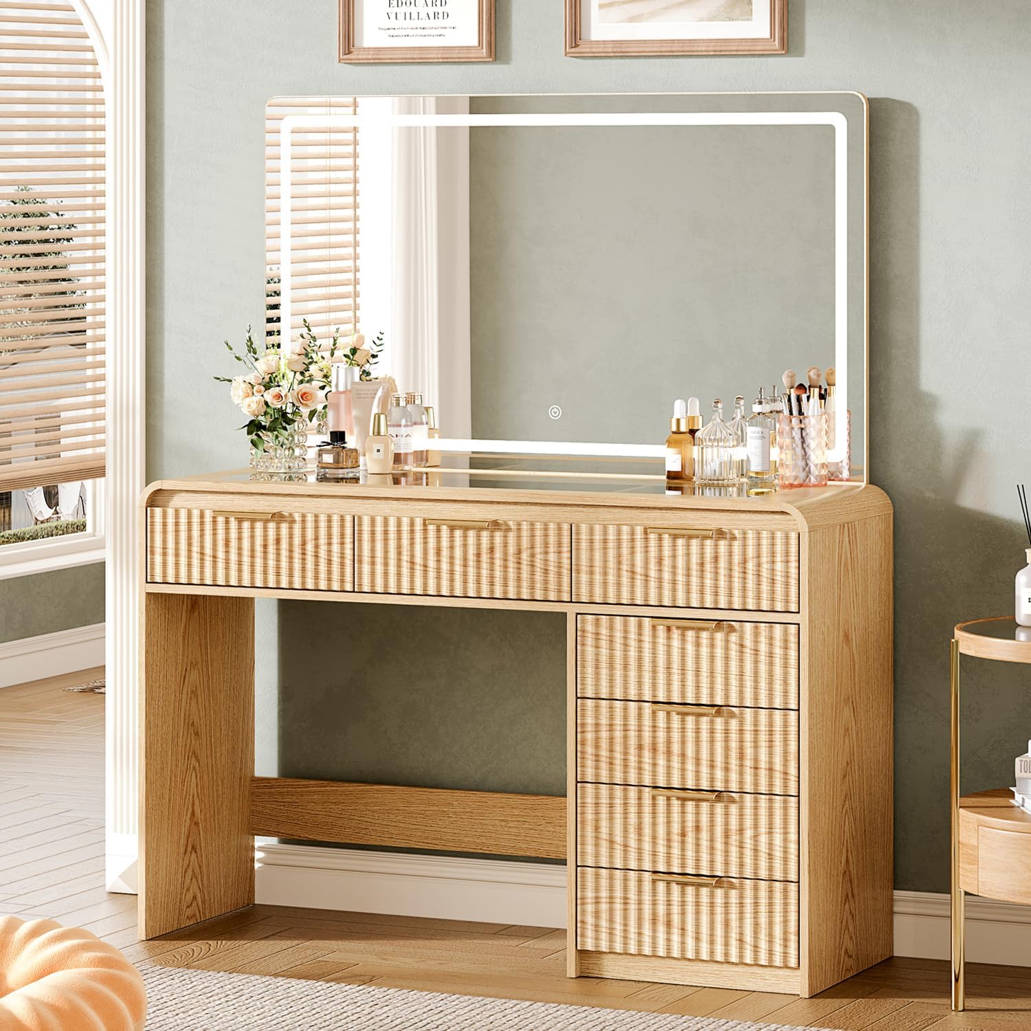 47“Makeup Vanity Desk with Mirror and Lights, Vanity Desk with 7 Drawers & Storage Shelves, Vanity Table with Power Outlet, 3 Color Modes & Adjustable Brightness Dressing Table, Bedroom,Wood
