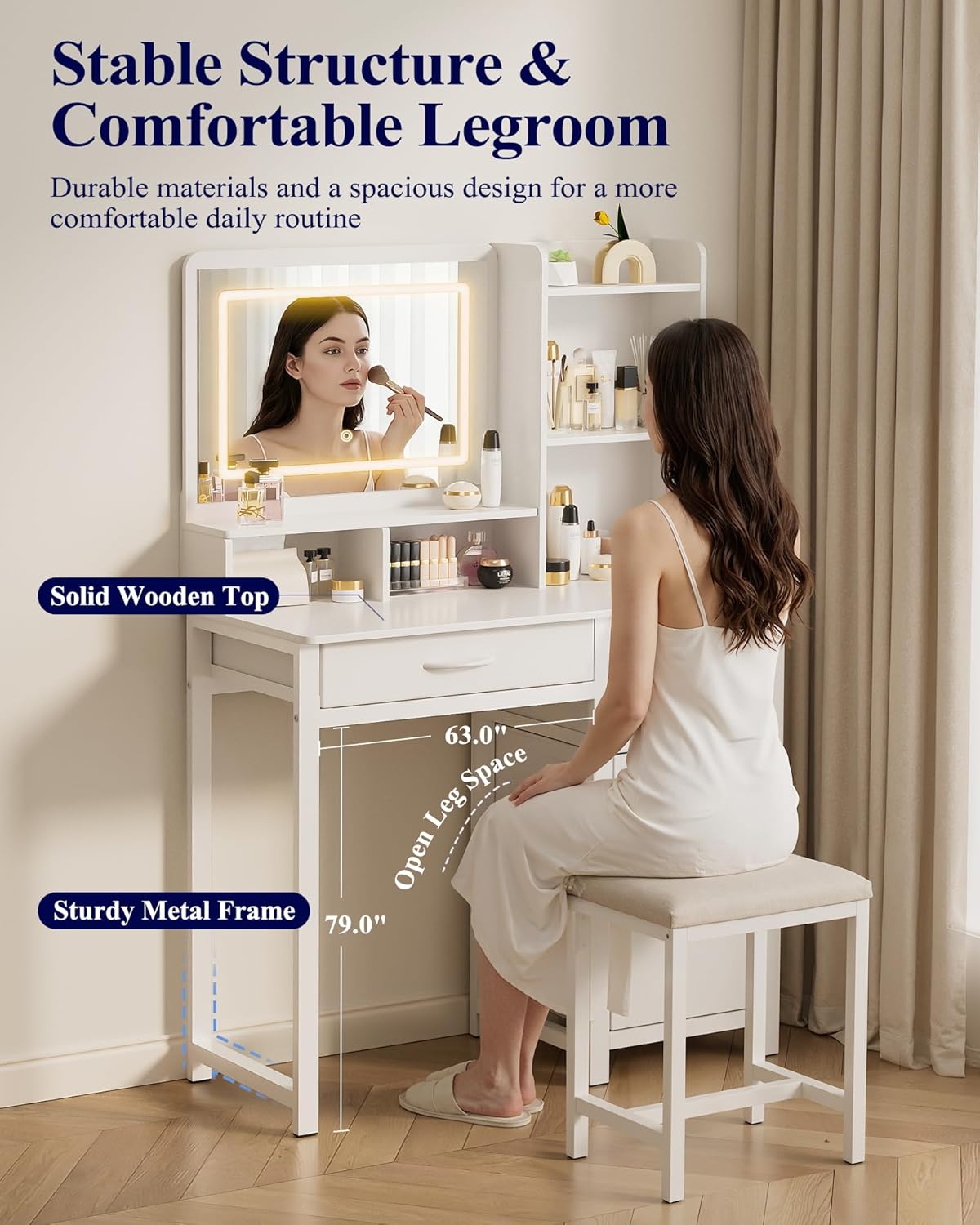Kitsure Vanity Desk with Mirror and Lights - Large Capacity Makeup Vanity with 4 Fabric Storage Drawers & 3 Lighting Modes, Vanity Table Set with Sturdy Metal Frame for Bedroom, White, 35" x 17" x 52"