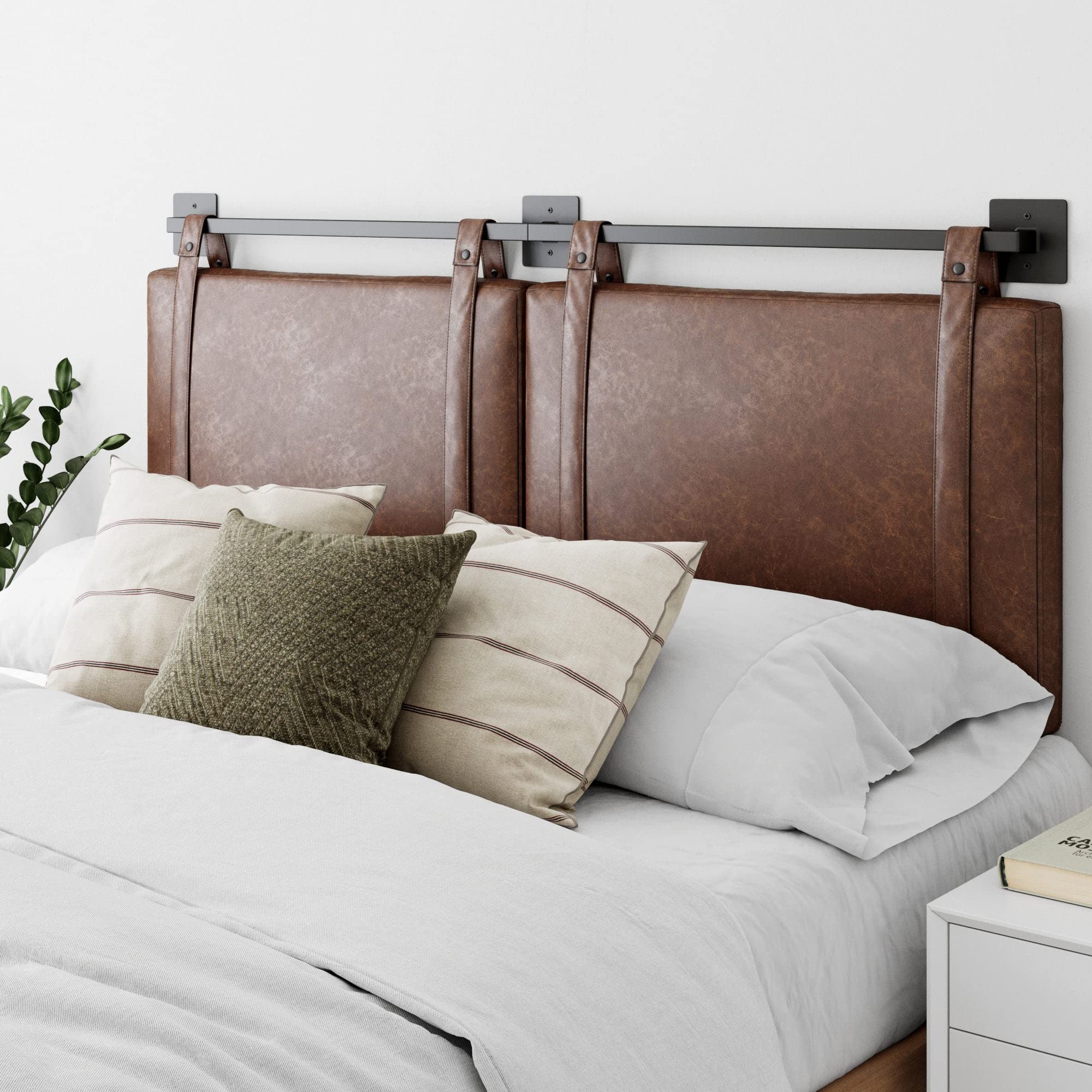 Nathan James Charlie Wall Mount Hanging Upholstered Headboard, Queen, White Boucle with Brown Faux Leather Straps
