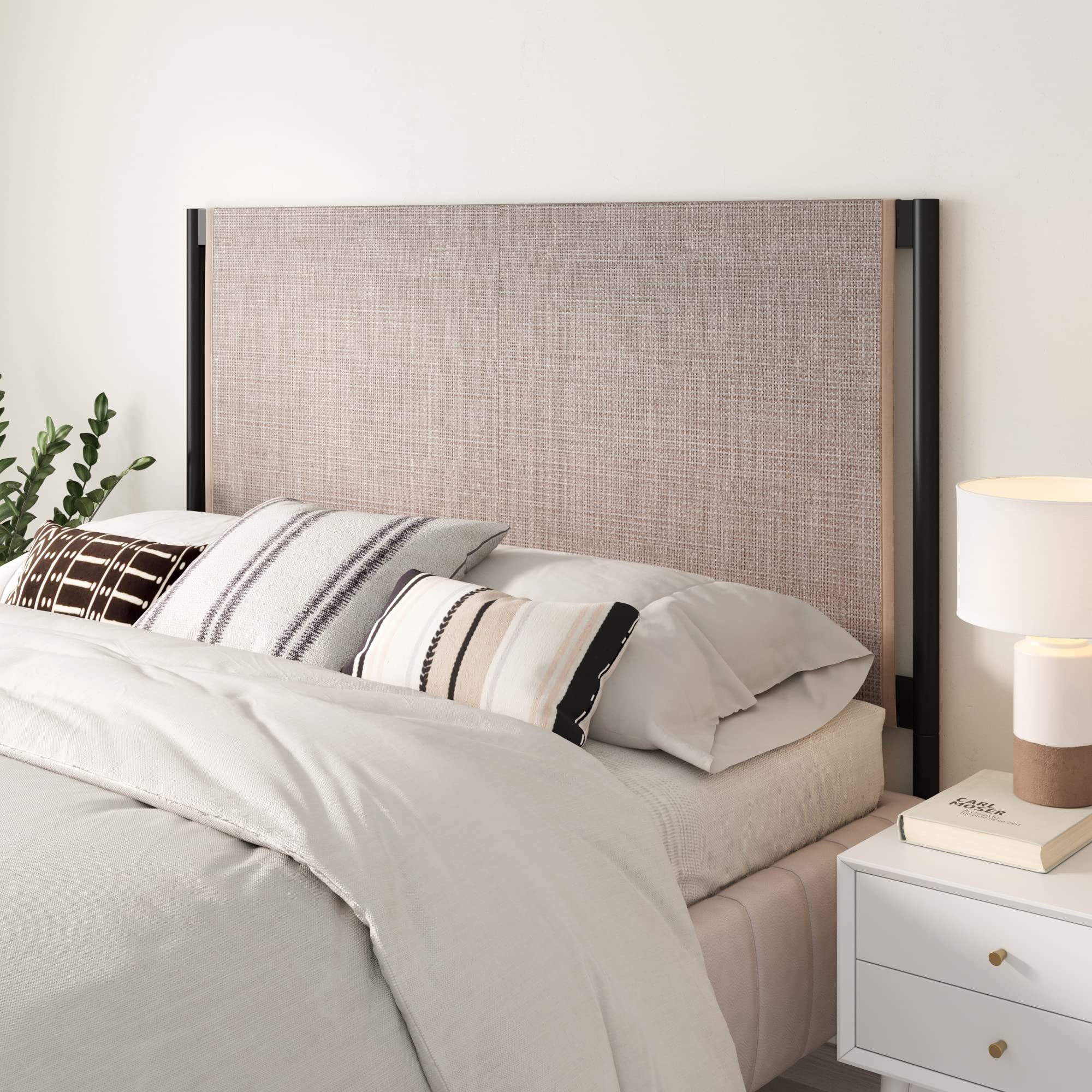 Nathan James Charlie Wall Mount Hanging Upholstered Headboard, Queen, White Boucle with Brown Faux Leather Straps