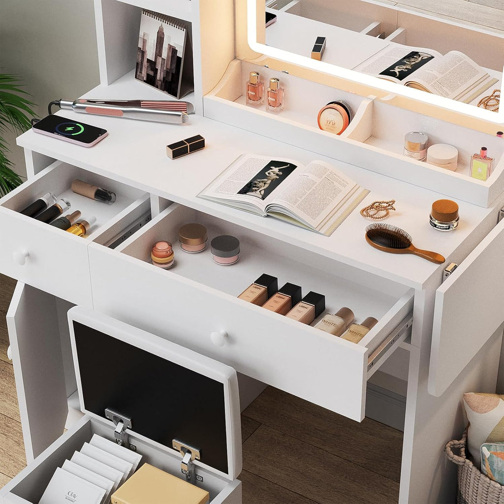 Haewon White Vanity Desk with Mirror and Lights, Makeup Vanity with Charging Station and 3 Lighting Modes, Dressing Table Set with Storage Cabinet, Drawers and Chair for Girls Bedroom
