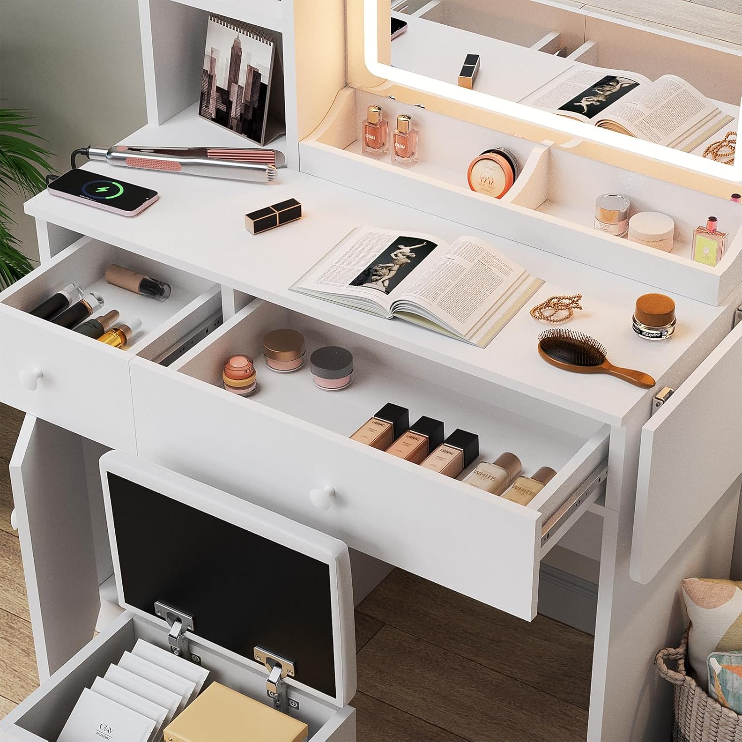 Haewon White Vanity Desk with Mirror and Lights, Makeup Vanity with Charging Station and 3 Lighting Modes, Dressing Table Set with Storage Cabinet, Drawers and Chair for Girls Bedroom