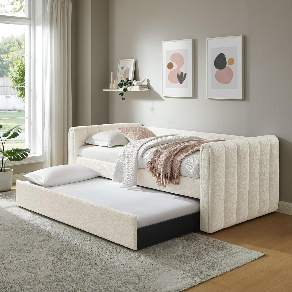 Veyla Twin Size Boucle Fabric Daybed in Cloud with Trundle – Channel Tufted Upholstered Sofa Bed with Wood Slat Support