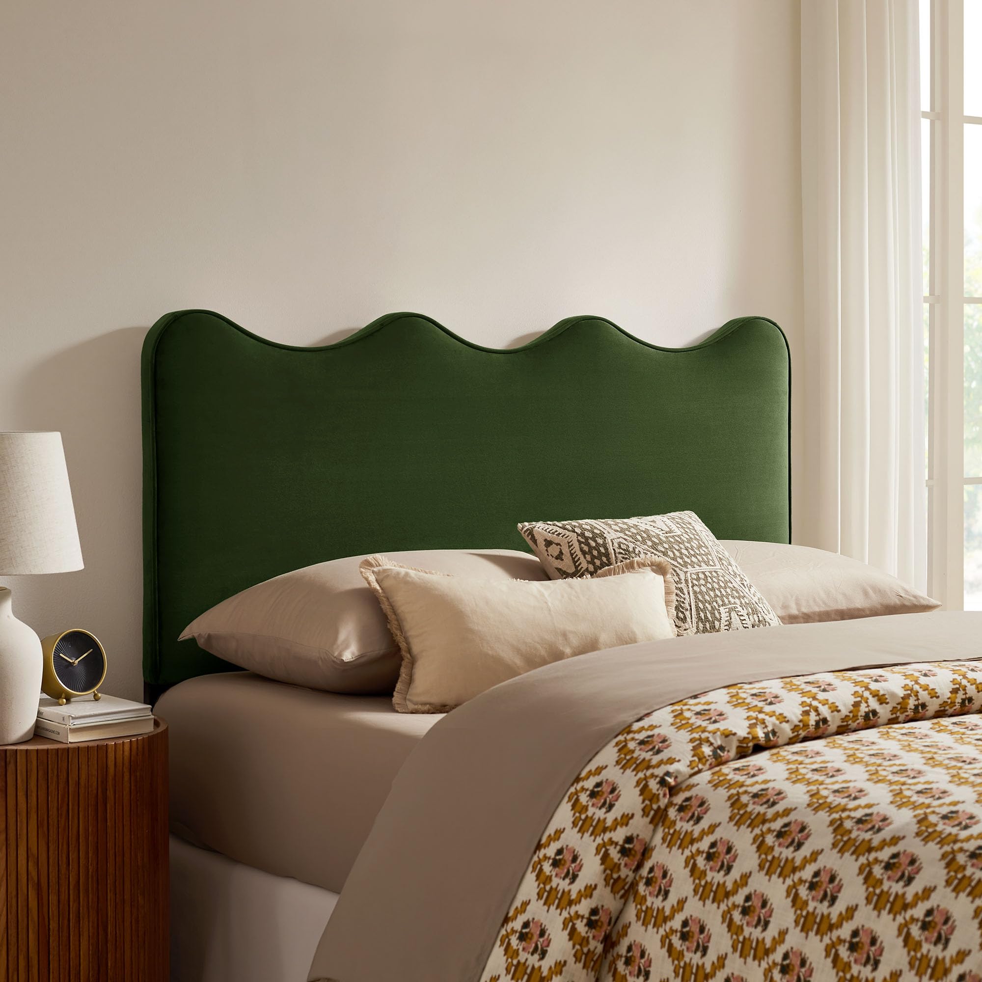 Monday Athena Striped Fabric Upholstered Full Size Adjustable Headboard in Oatmeal Stripe - with Scalloped Wave Design and Soft Linen-Like Fabric