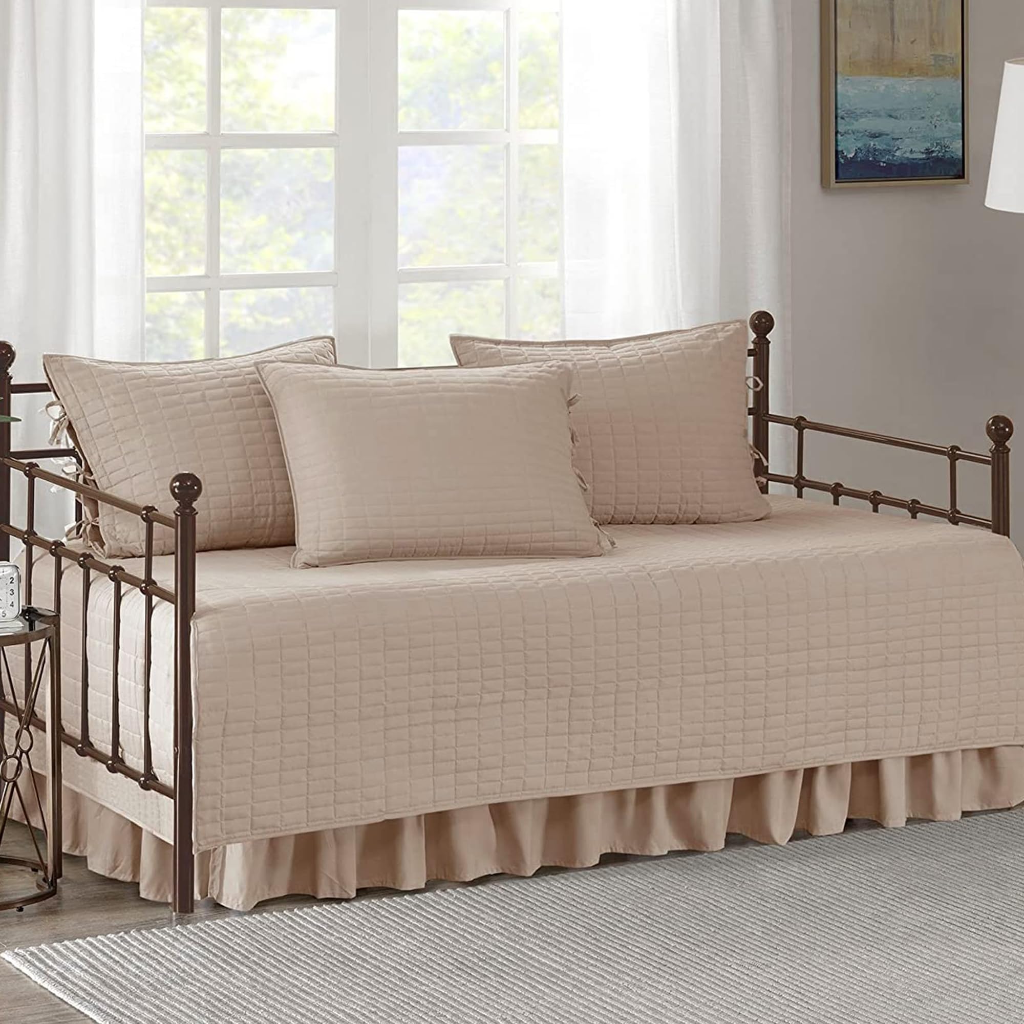 Comfort Spaces Daybed Cover - Luxe Double Sided-Quilting, All Season Cozy Bedding with Bedskirt, Matching Shams, Kienna Grey 75"x39" 5 Piece,100% Microfiber