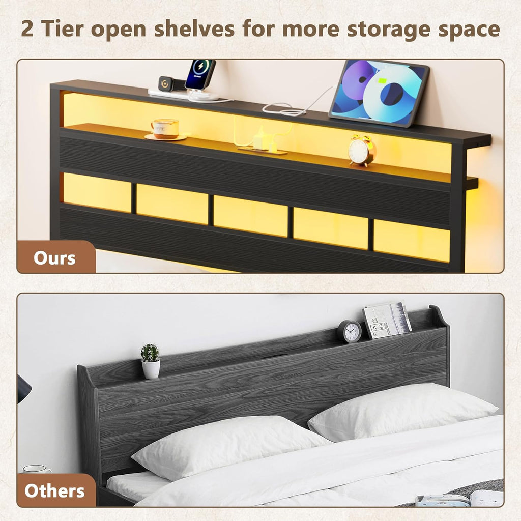 Furnulem Twin Bed Frames with Charging Station and LED Lights, Twin Size Platform Bed with Metal Slats, Wood Headboard with 2-Tier Storage Shelves, No Box Spring Needed, Black Oak