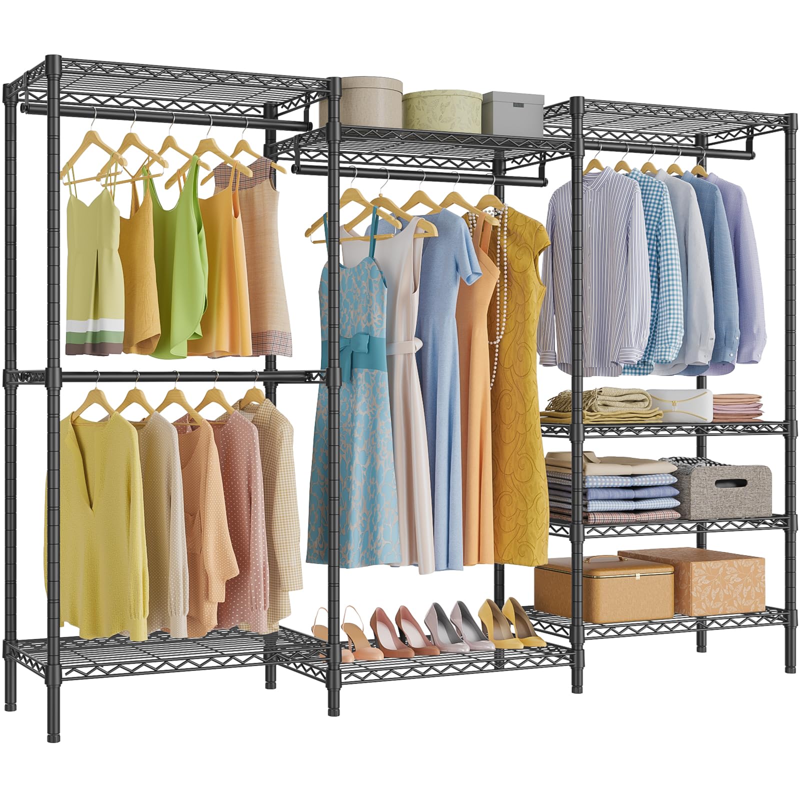VIPEK V5 Portable Closet Wardrobe Heavy Duty Clothes Rack, Freestanding Clothing Rack with 4 Hang Rods & 8 Shelves, Adjustable Closet Racks, 68.9" L x 15.7" W x 76.4" H, Max Load 890LBS, Black