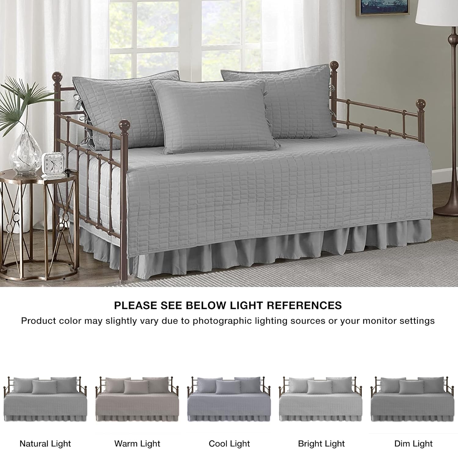 Comfort Spaces Daybed Cover - Luxe Double Sided-Quilting, All Season Cozy Bedding with Bedskirt, Matching Shams, Kienna Grey 75"x39" 5 Piece,100% Microfiber