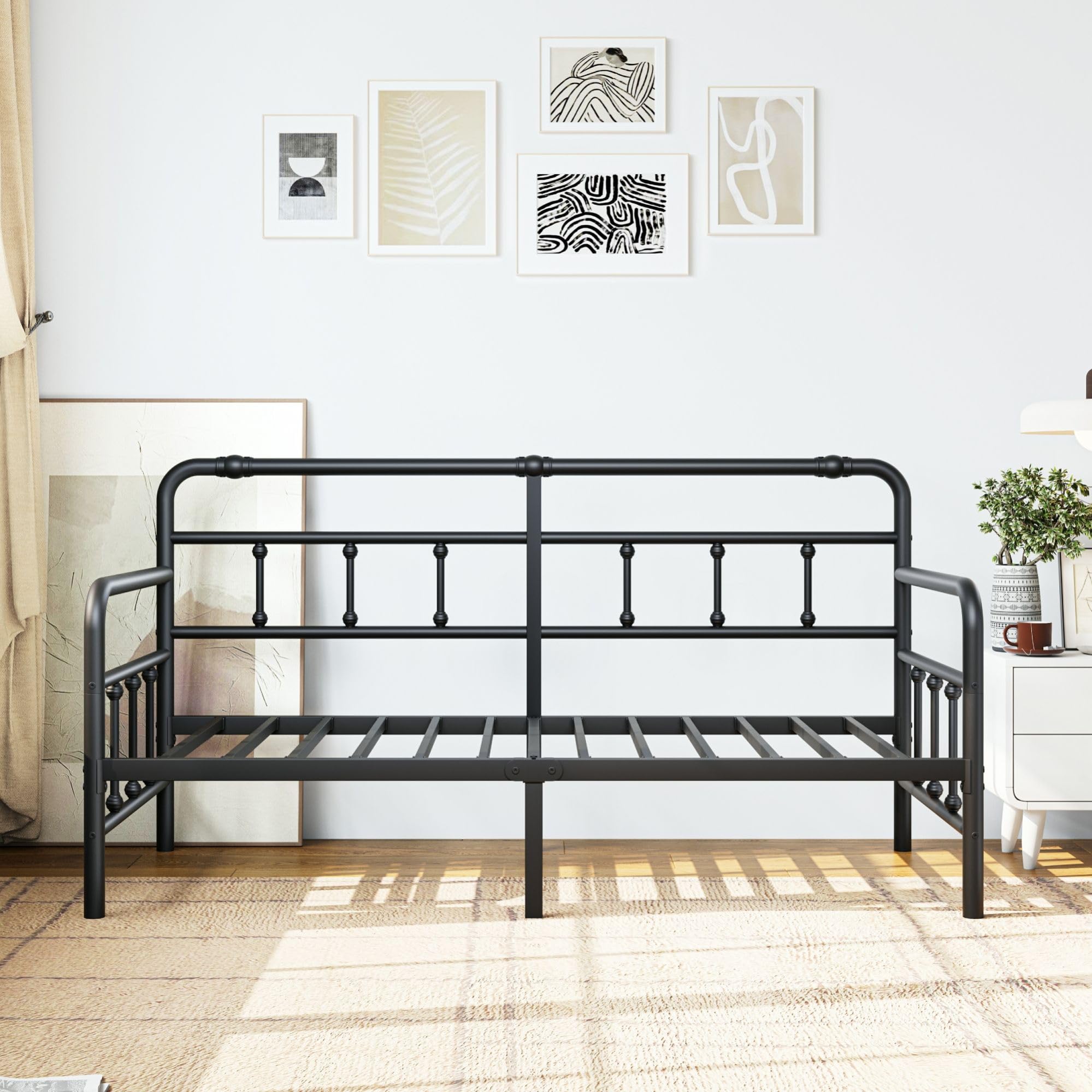 Daybed-Metal-Twin-Bed-Frames - with Modern Headboard,Strong Mattress Foundation with Steel Slats Support,No Box Spring Needed,Black