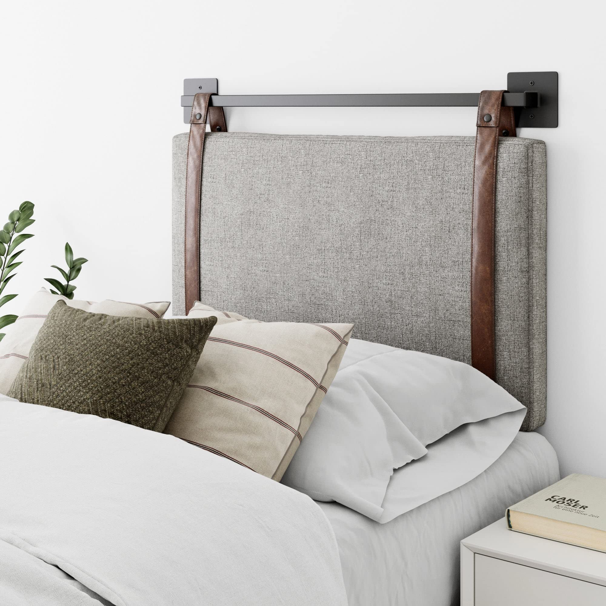 Nathan James Charlie Wall Mount Hanging Upholstered Headboard, Queen, White Boucle with Brown Faux Leather Straps
