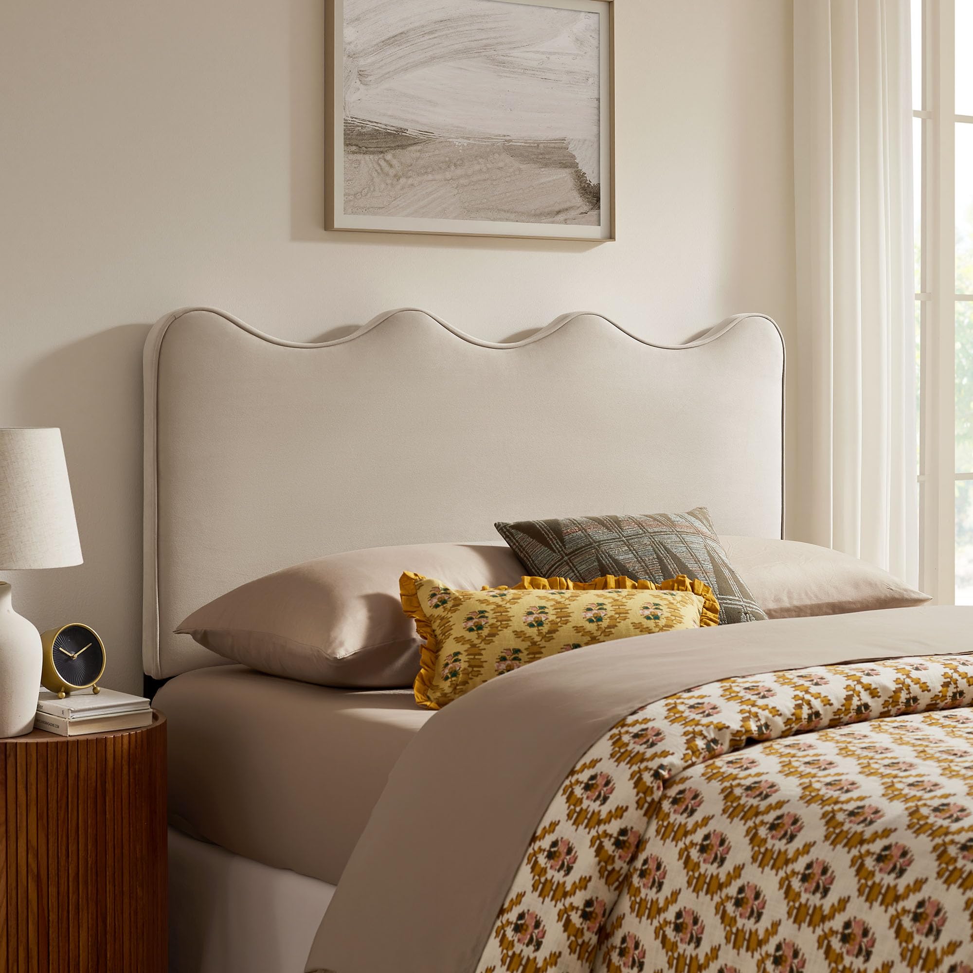 Monday Athena Striped Fabric Upholstered Full Size Adjustable Headboard in Oatmeal Stripe - with Scalloped Wave Design and Soft Linen-Like Fabric