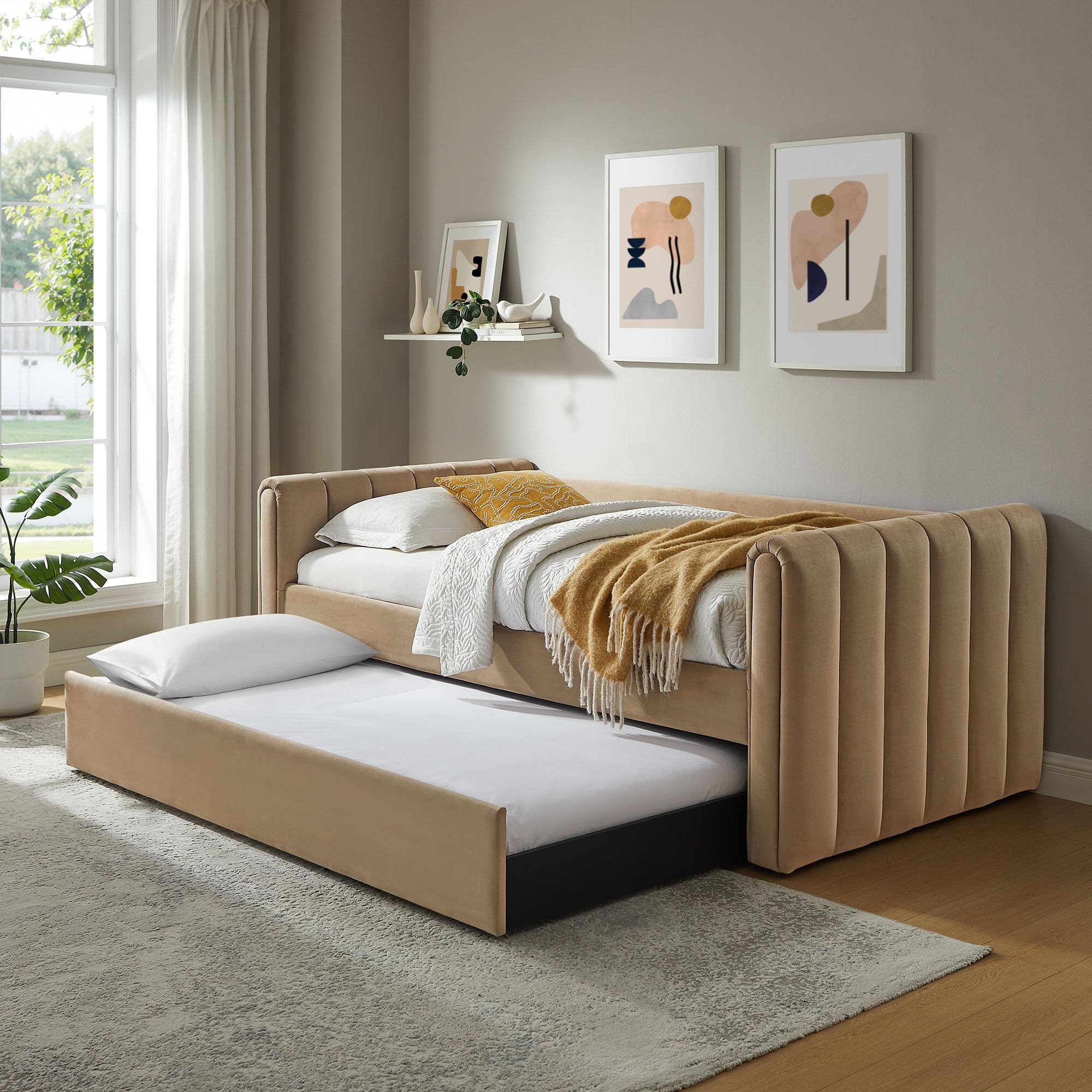 Veyla Twin Size Boucle Fabric Daybed in Cloud with Trundle – Channel Tufted Upholstered Sofa Bed with Wood Slat Support