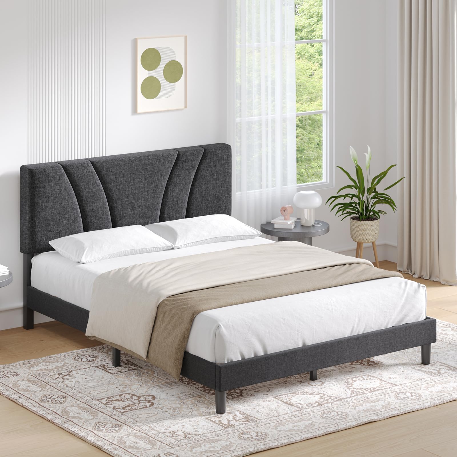 Novilla Queen Bed Frame with Headboard, Bed Frame Queen Size with Wood Slats Support,Linen Upholstered Adjustable Headboard, No Box Spring Needed, Heavy Duty Feet, Easy Assembly, Beige