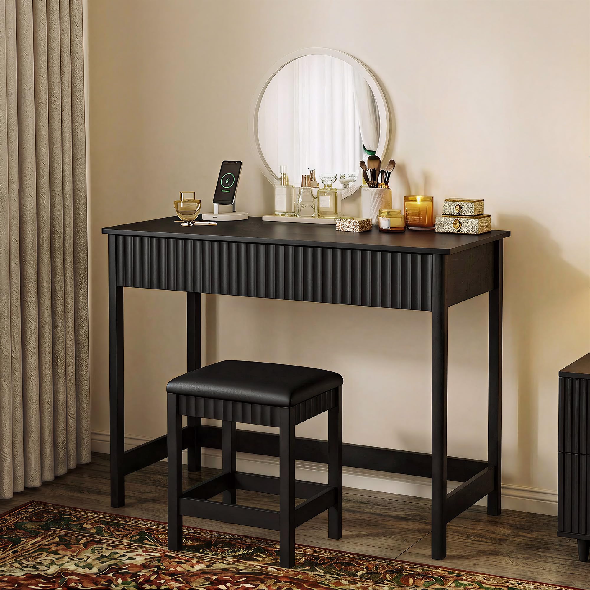 ChooChoo 40 Inch Modern Desk with Drawers, Makeup Vanity Desk with Padded Stool, Small Home Office Desk for Bedroom, White