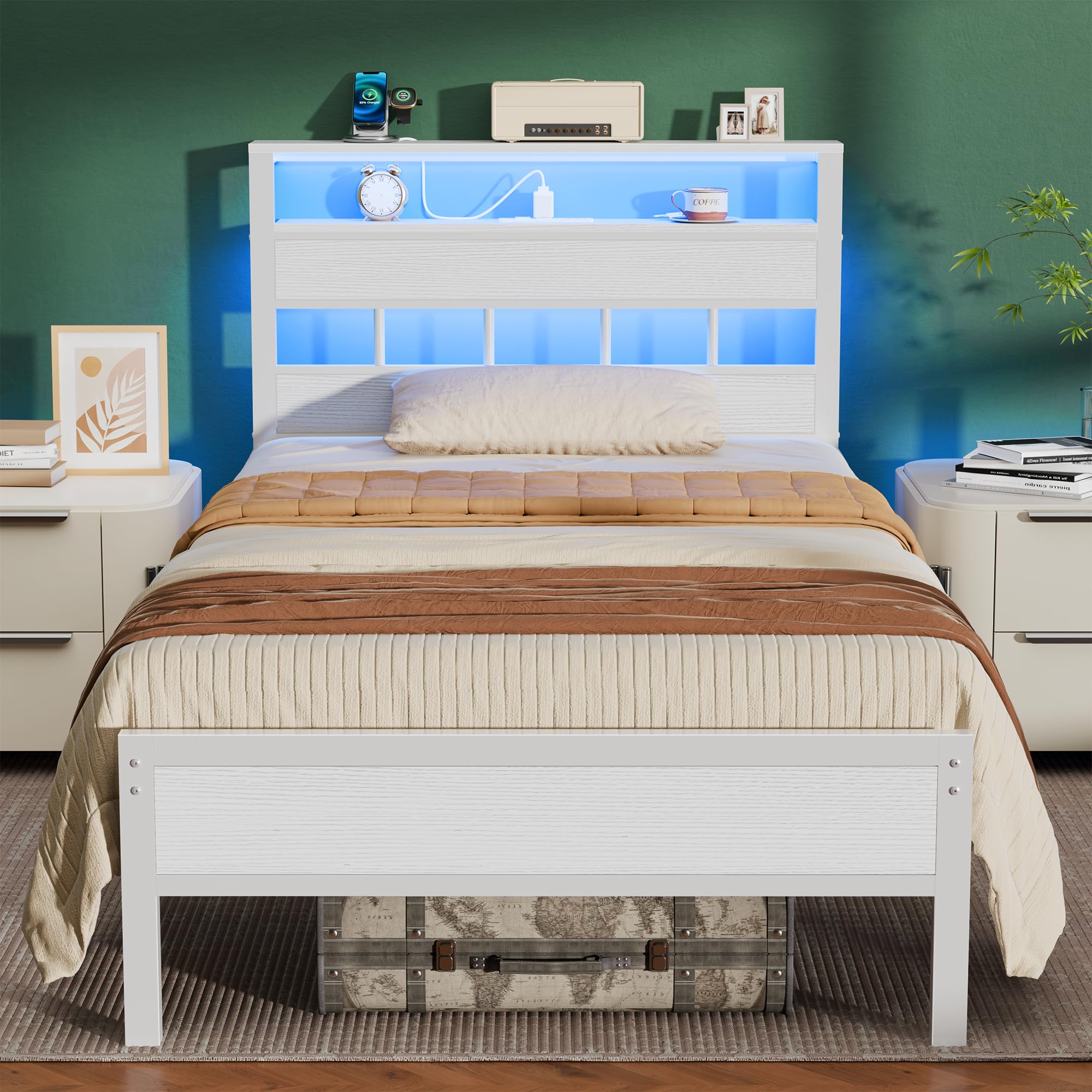 Furnulem Twin Bed Frames with Charging Station and LED Lights, Twin Size Platform Bed with Metal Slats, Wood Headboard with 2-Tier Storage Shelves, No Box Spring Needed, Black Oak