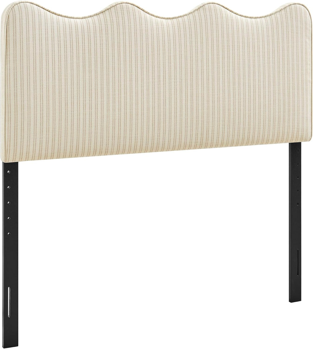 Monday Athena Striped Fabric Upholstered Full Size Adjustable Headboard in Oatmeal Stripe - with Scalloped Wave Design and Soft Linen-Like Fabric