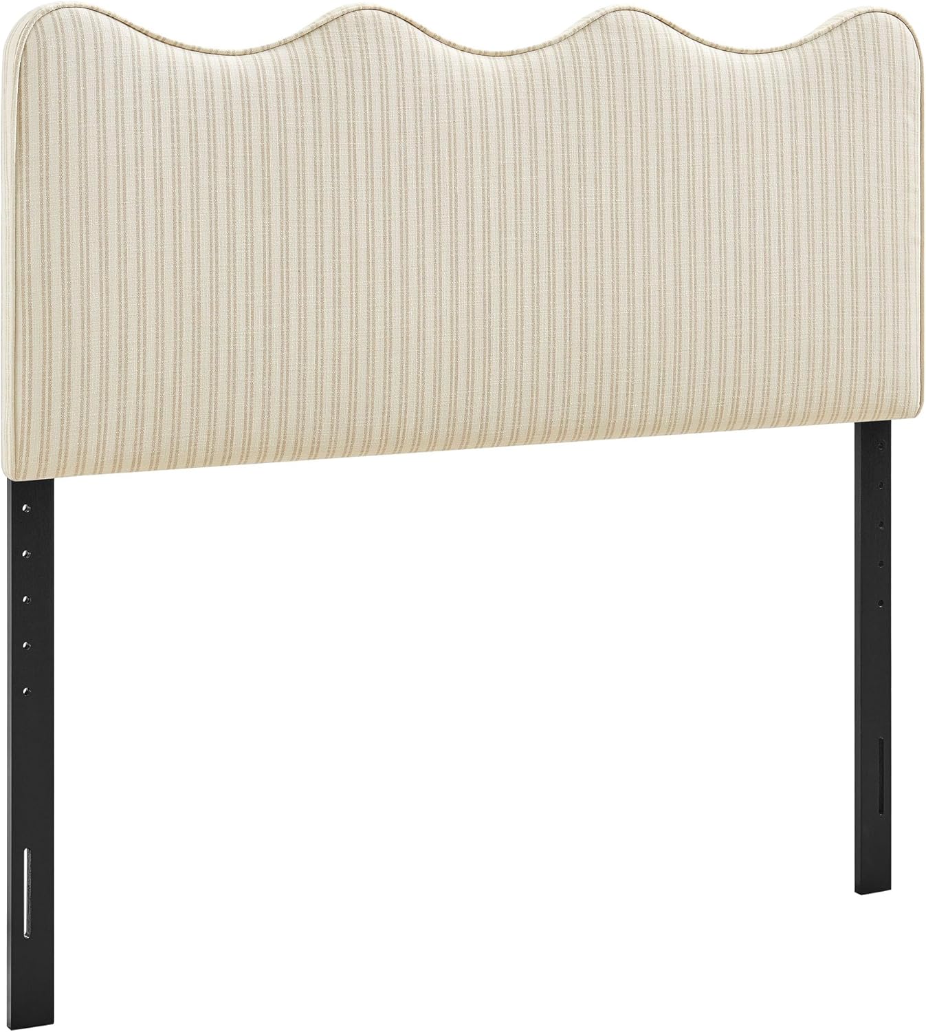 Monday Athena Striped Fabric Upholstered Full Size Adjustable Headboard in Oatmeal Stripe - with Scalloped Wave Design and Soft Linen-Like Fabric