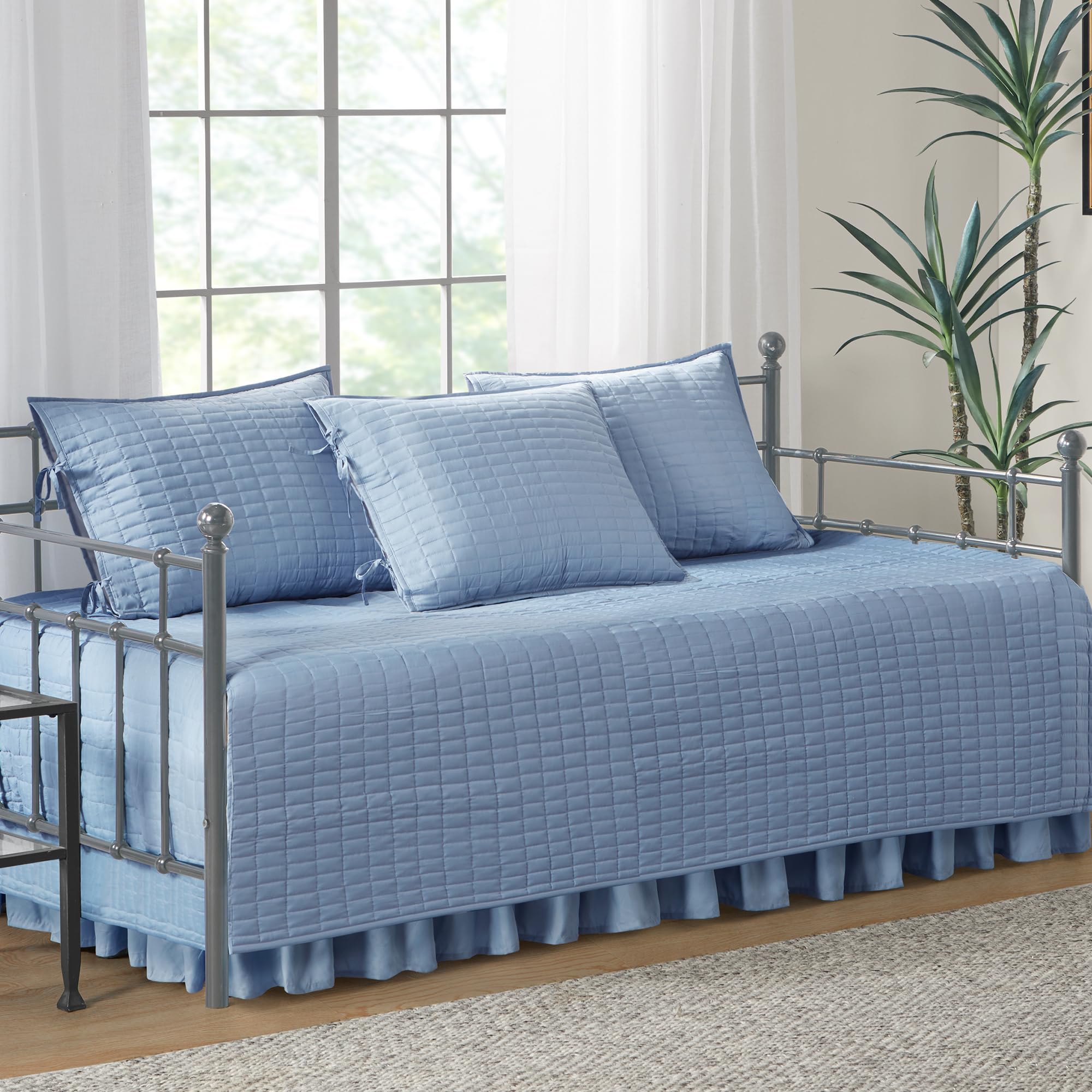 Comfort Spaces Daybed Cover - Luxe Double Sided-Quilting, All Season Cozy Bedding with Bedskirt, Matching Shams, Kienna Grey 75"x39" 5 Piece,100% Microfiber