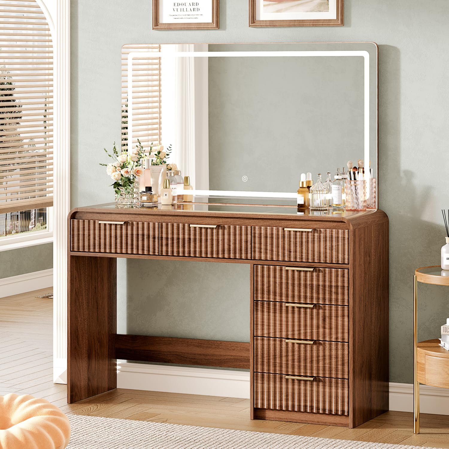 47“Makeup Vanity Desk with 44.8" Mirror and Lights, Vanity Desk with 7 Drawers, Makeup Vanity Table with a Glass Tabletop, 3 Color Modes & Adjustable Brightness Dressing Table, Bedroom,Oak