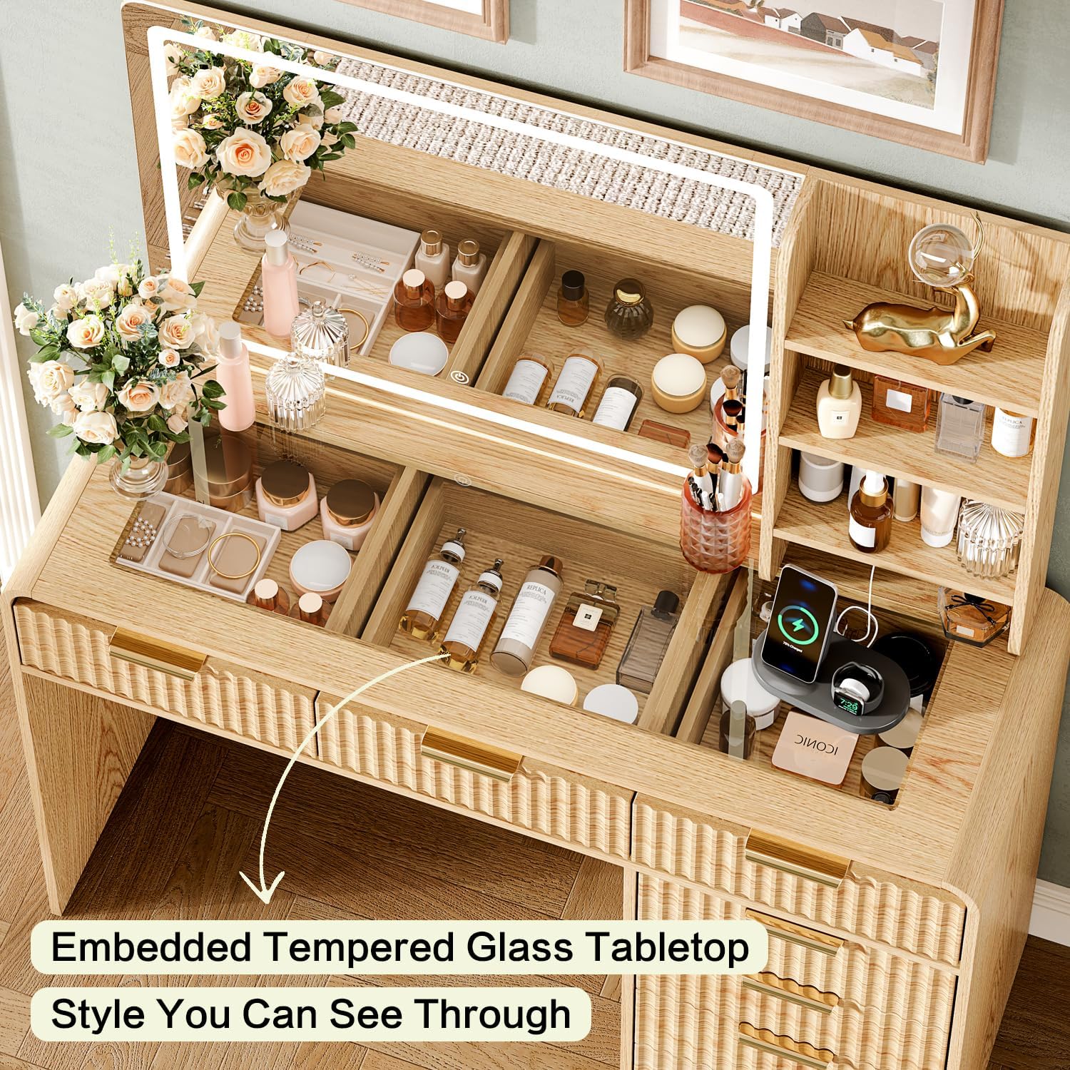 47“Makeup Vanity Desk with Mirror and Lights, Vanity Desk with 7 Drawers & Storage Shelves, Vanity Table with Power Outlet, 3 Color Modes & Adjustable Brightness Dressing Table, Bedroom,Wood