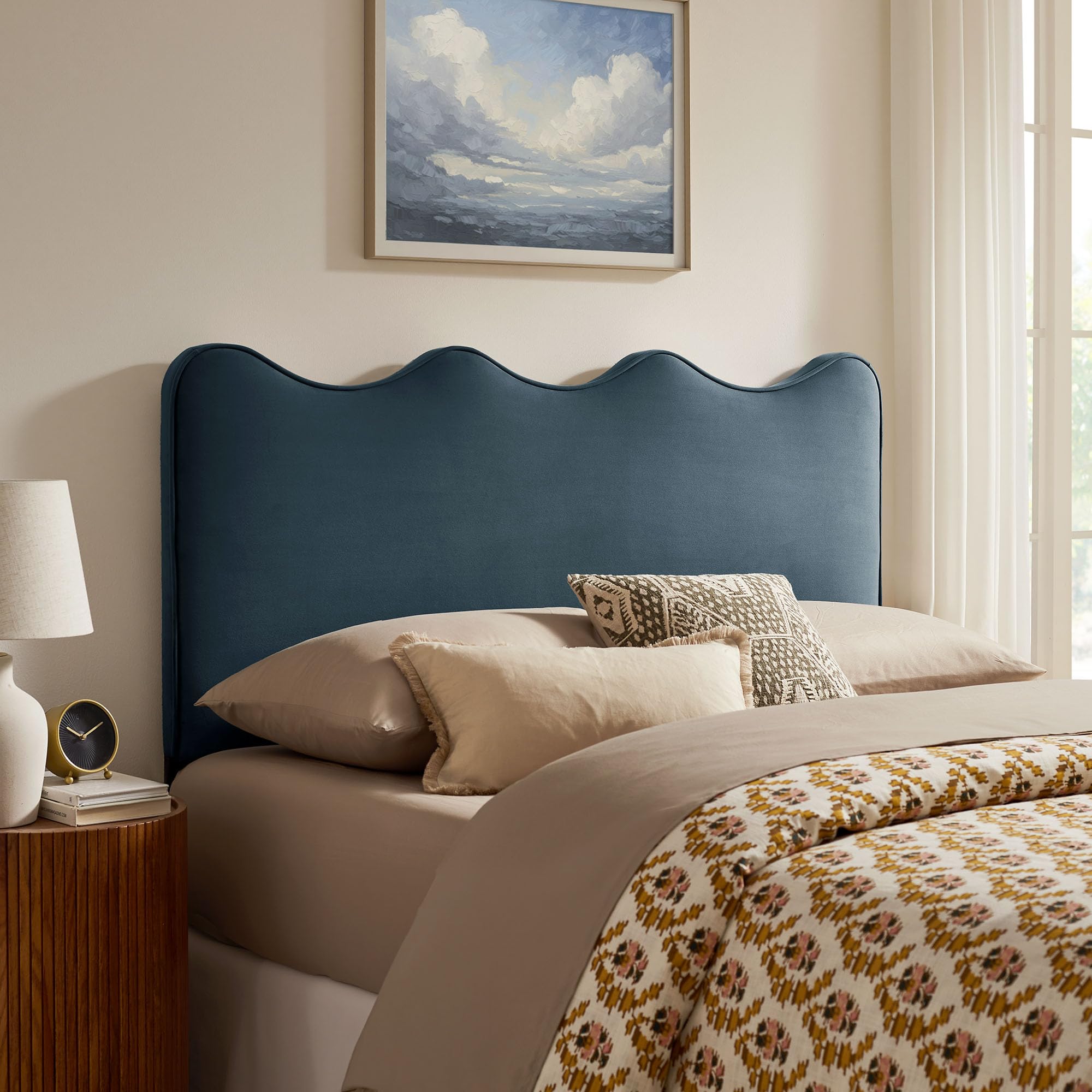 Monday Athena Striped Fabric Upholstered Full Size Adjustable Headboard in Oatmeal Stripe - with Scalloped Wave Design and Soft Linen-Like Fabric