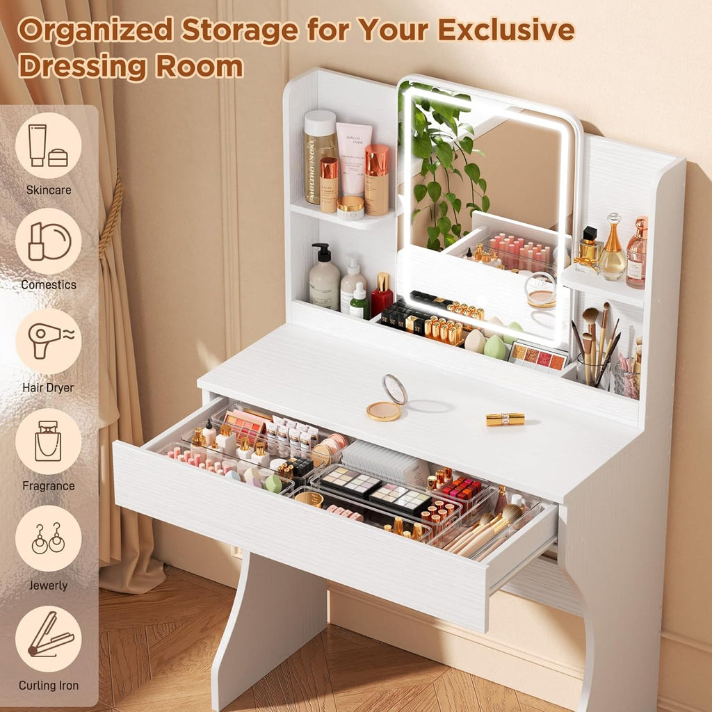 Small Vanity Desk with Mirror and Lights, Makeup Vanity with Storage Drawer, 2 Shelves and 3 Compartments - White