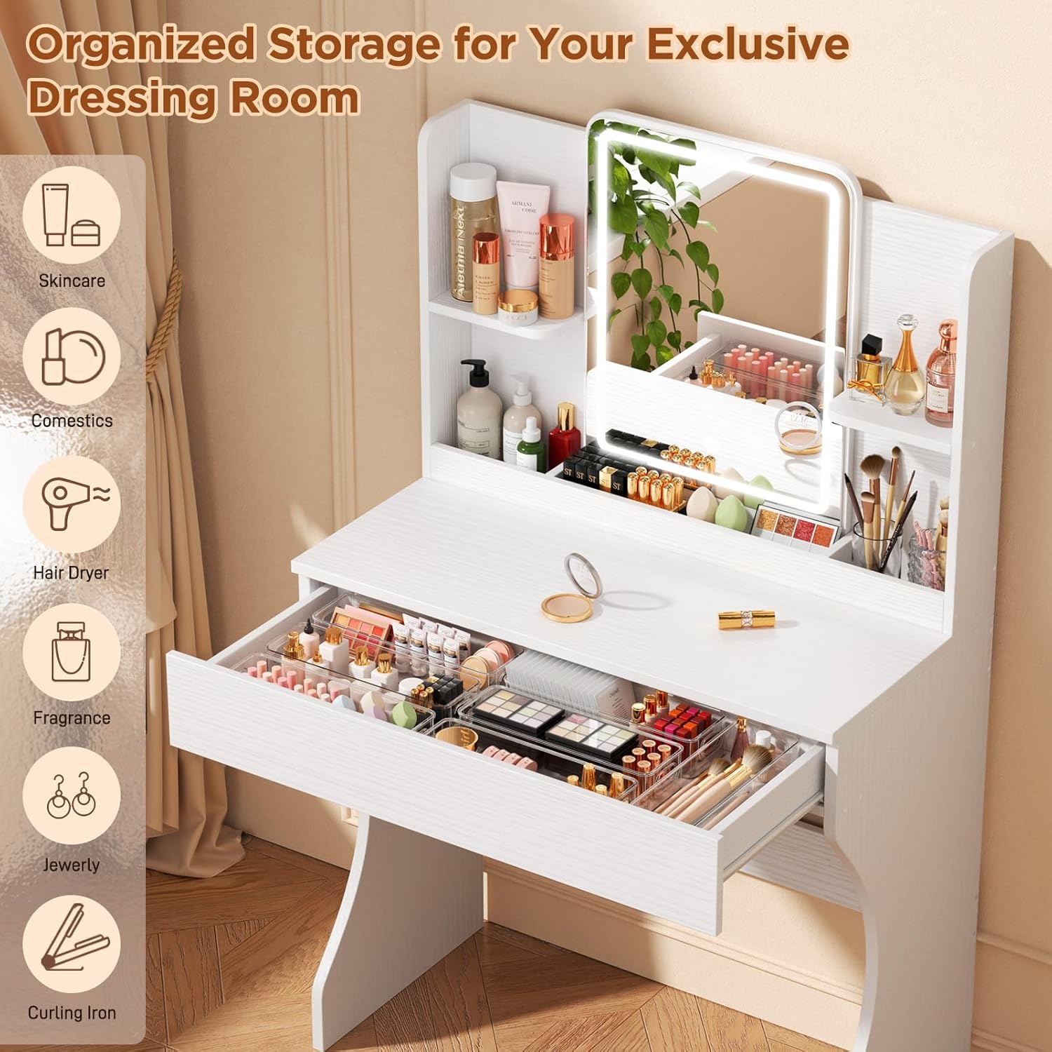 Small Vanity Desk with Mirror and Lights, Makeup Vanity with Storage Drawer, 2 Shelves and 3 Compartments - White