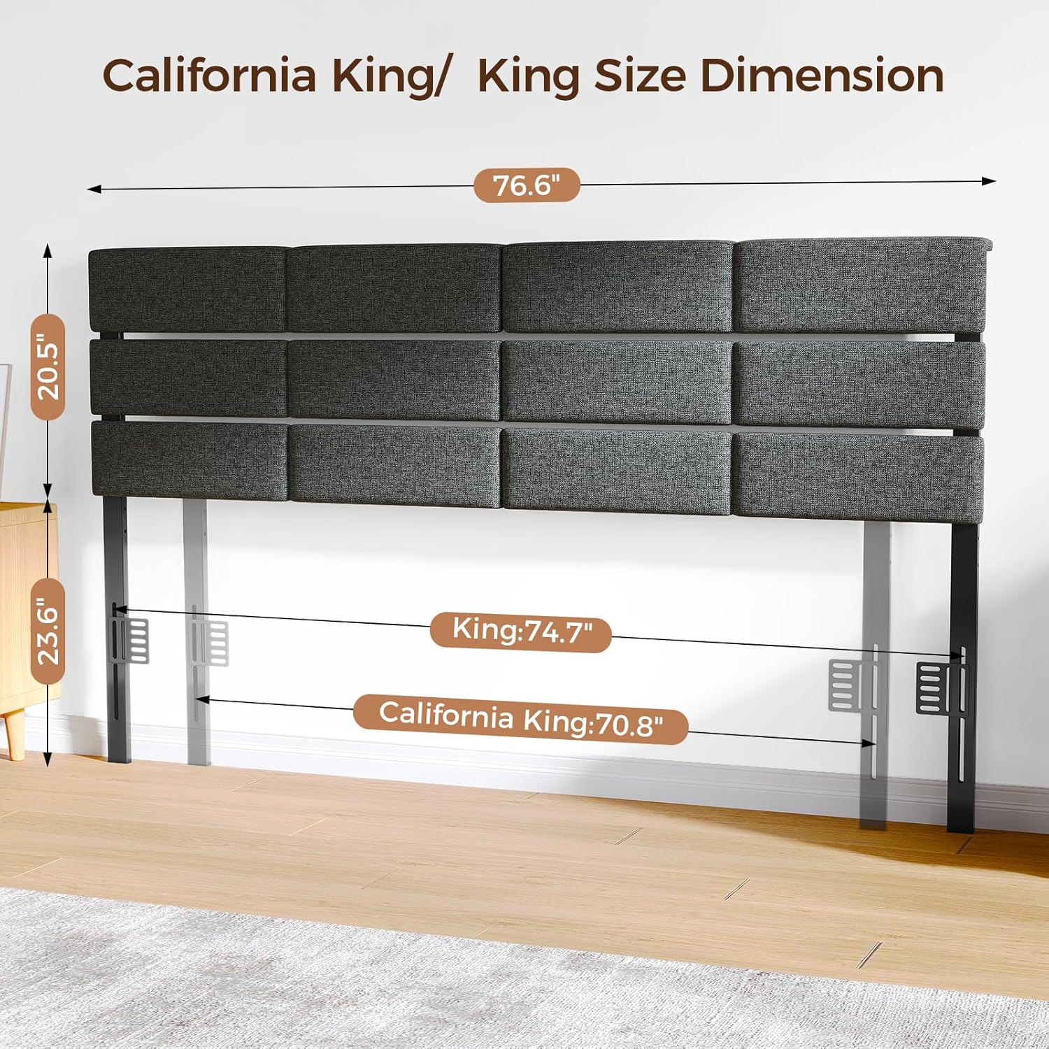 King/Cal King Size Upholstered Headboard, Adjustable Head Boards with LED Light & Charging Station, Bed Headboard Only, Attach Frame, Ideal for Bedroom, Dorm, Guest Room, Dark Grey