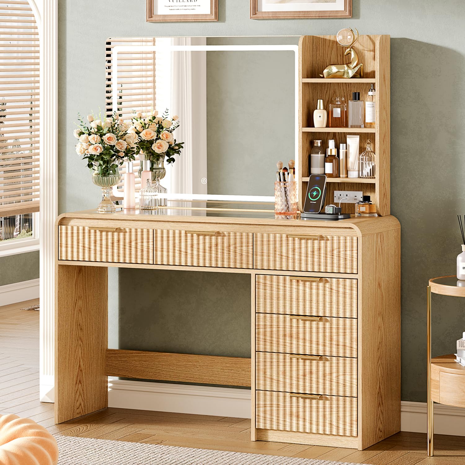 47“Makeup Vanity Desk with 44.8" Mirror and Lights, Vanity Desk with 7 Drawers, Makeup Vanity Table with a Glass Tabletop, 3 Color Modes & Adjustable Brightness Dressing Table, Bedroom,Oak