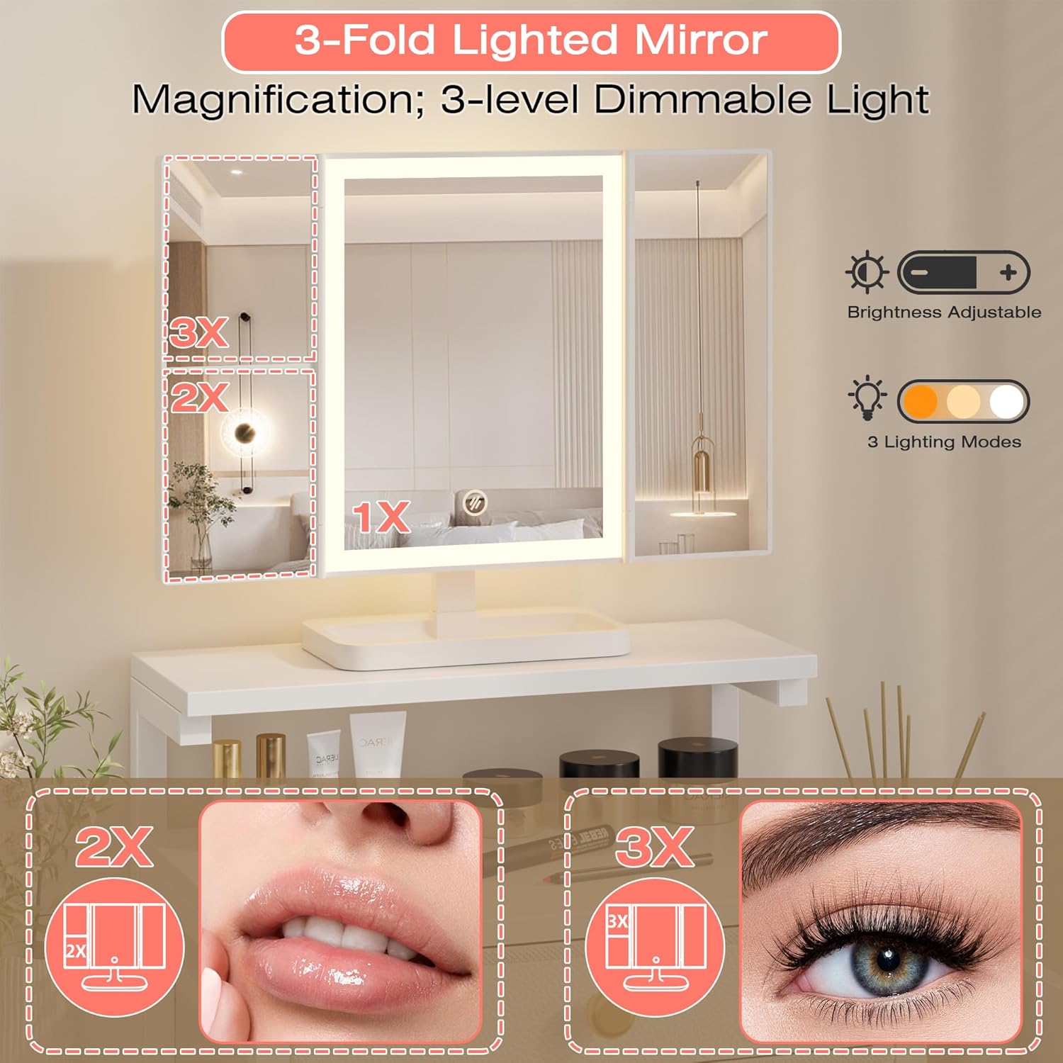 HIGDBFE Vanity Desk with Mirror and Lights, 28.4''W Small Makeup Vanity Table with Height-Adjustable Stand, 2 Fabric Drawers Compact Makeup Desk, Gift for Girls, Bedroom Small Space, White