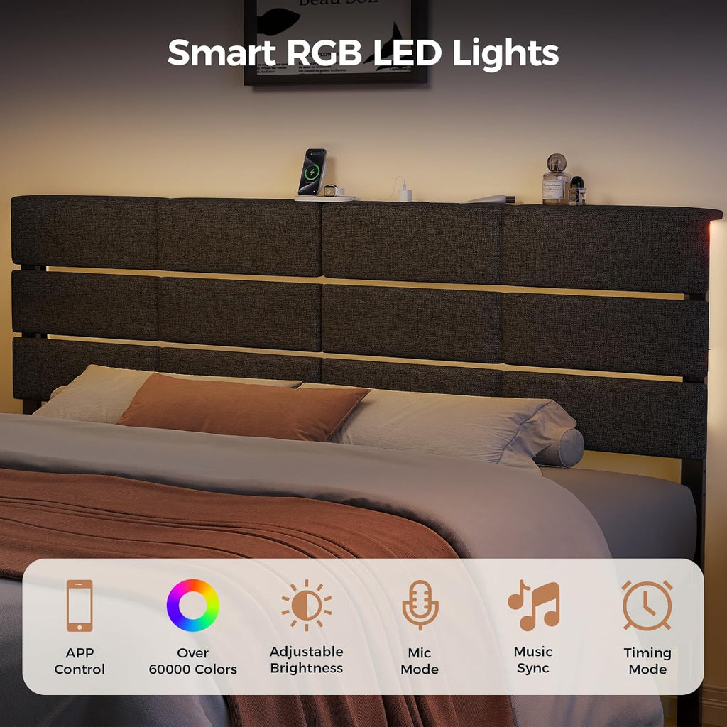 King/Cal King Size Upholstered Headboard, Adjustable Head Boards with LED Light & Charging Station, Bed Headboard Only, Attach Frame, Ideal for Bedroom, Dorm, Guest Room, Dark Grey