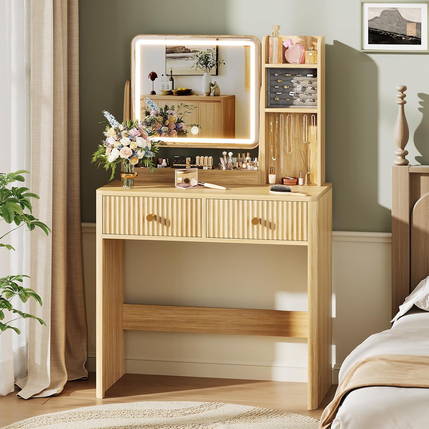 Memobarco Fluted Vanity Desk with Mirror and Lights, Small Makeup Vanity with 2 Drawers and Jewelry Storage Cabinet, 3 Lighting Modes Adjustable Brightness, Dressing Table for Bedroom - Natural Oak