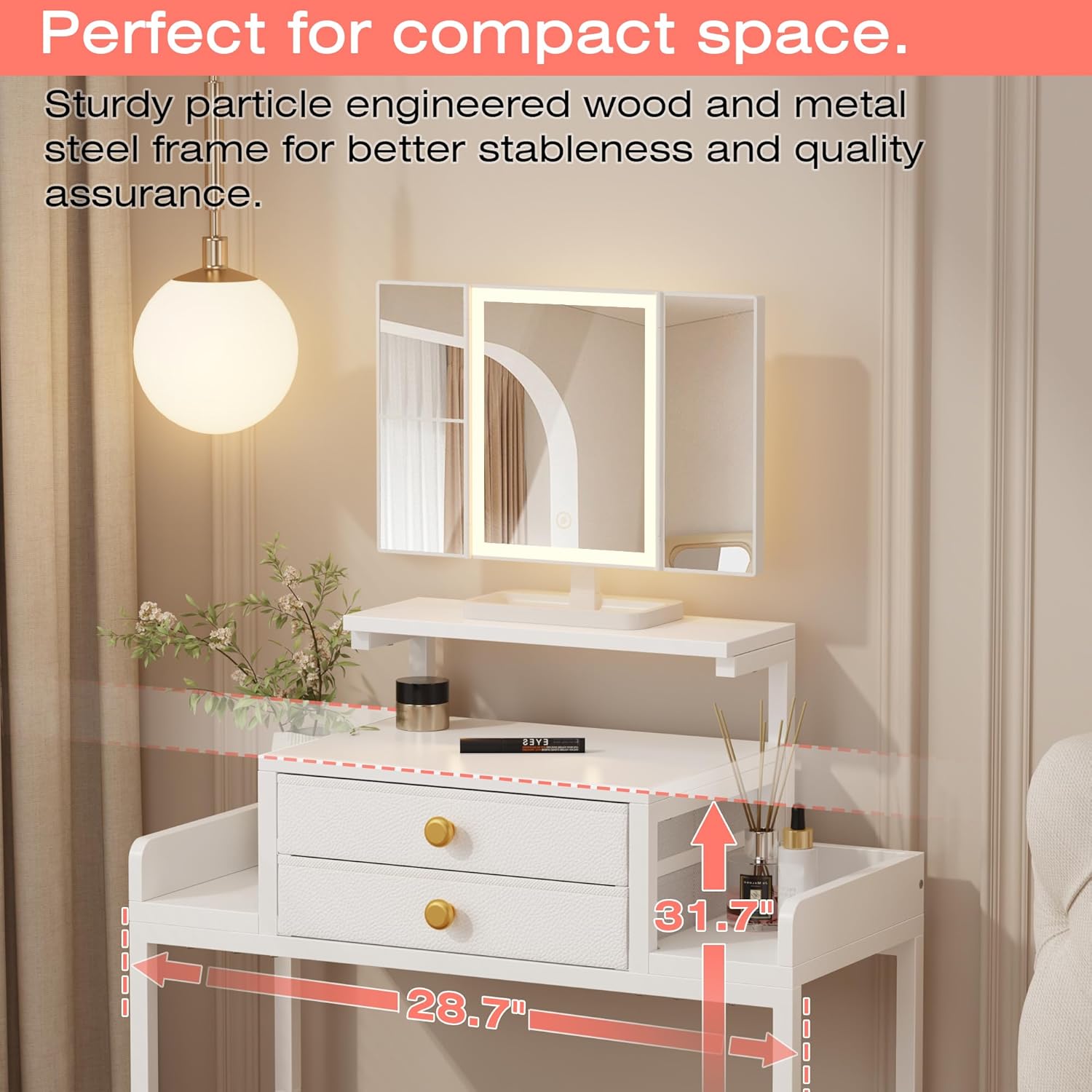 HIGDBFE Vanity Desk with Mirror and Lights, 28.4''W Small Makeup Vanity Table with Height-Adjustable Stand, 2 Fabric Drawers Compact Makeup Desk, Gift for Girls, Bedroom Small Space, White