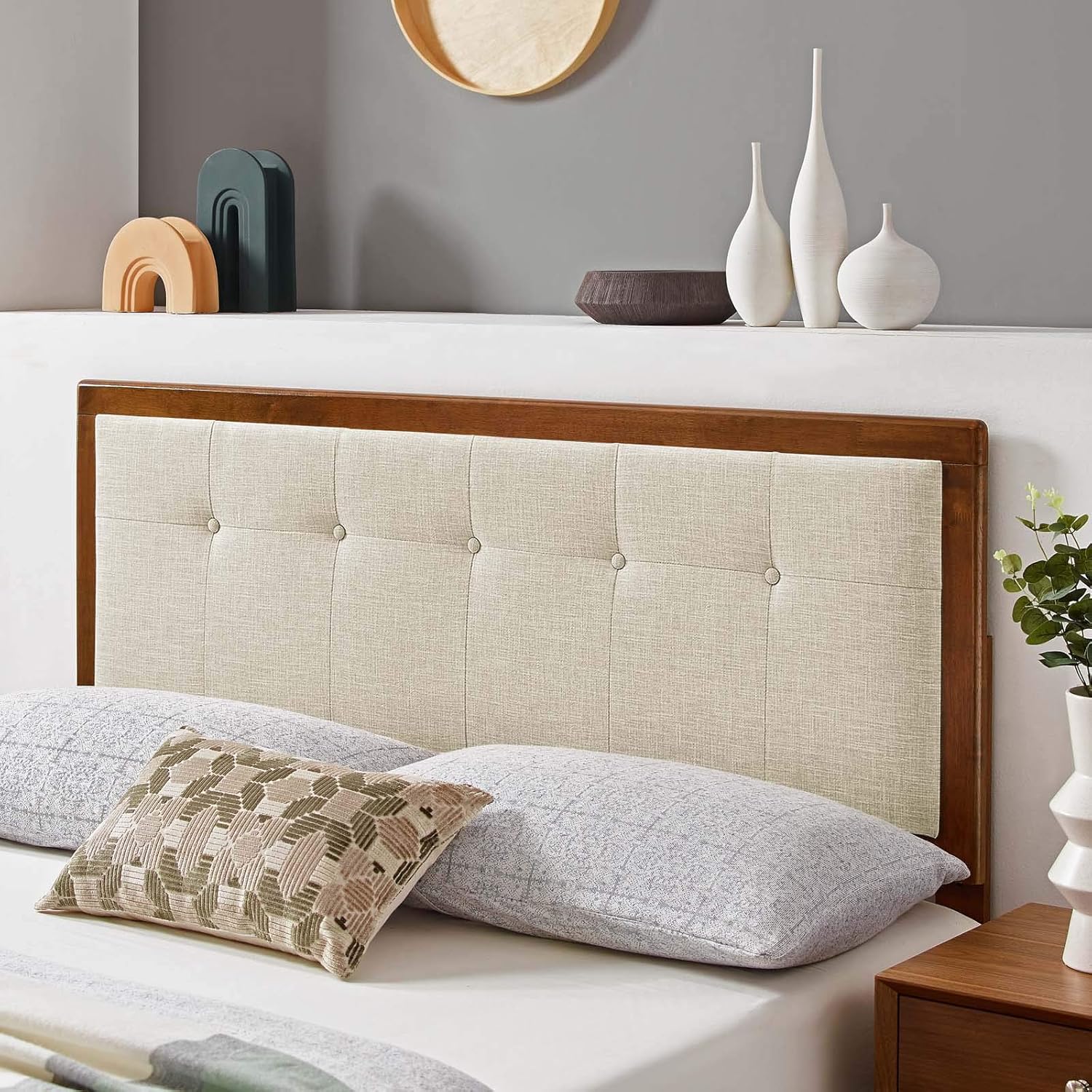 Modway Draper Tufted Full Fabric and Wood Headboard in Walnut Beige