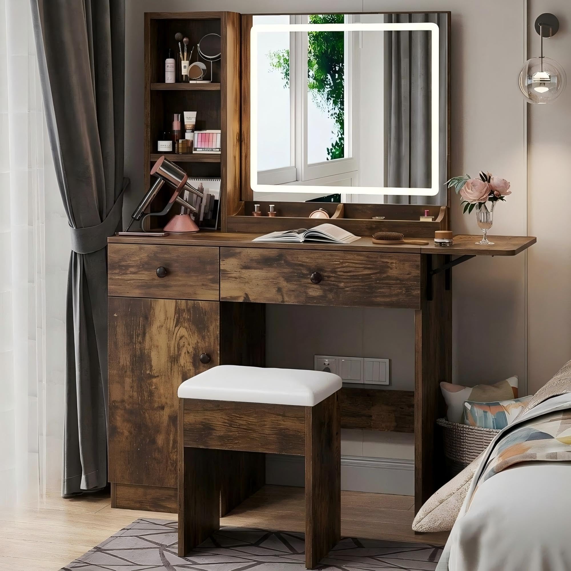 Haewon White Vanity Desk with Mirror and Lights, Makeup Vanity with Charging Station and 3 Lighting Modes, Dressing Table Set with Storage Cabinet, Drawers and Chair for Girls Bedroom