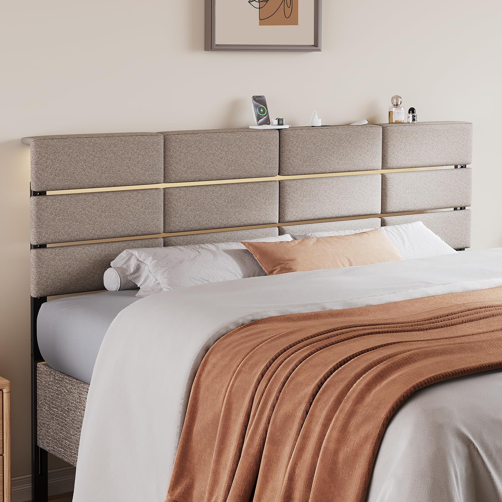 King/Cal King Size Upholstered Headboard, Adjustable Head Boards with LED Light & Charging Station, Bed Headboard Only, Attach Frame, Ideal for Bedroom, Dorm, Guest Room, Dark Grey