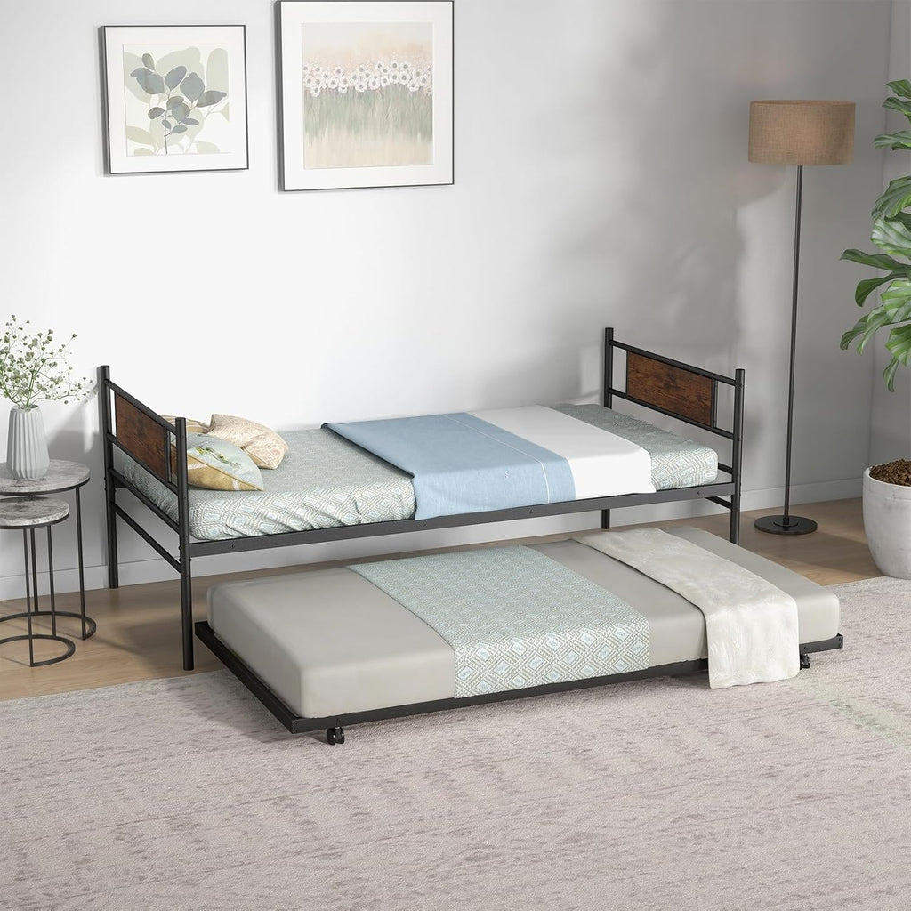 KOMFOTT Twin Metal Daybed with Trundle, Twin Size Sofa Daybed Frame, Heavy-Duty Steel Slats Support Platform Bed, Mattress Foundation, Day Bed with Trundle for Living Room, Guest Room