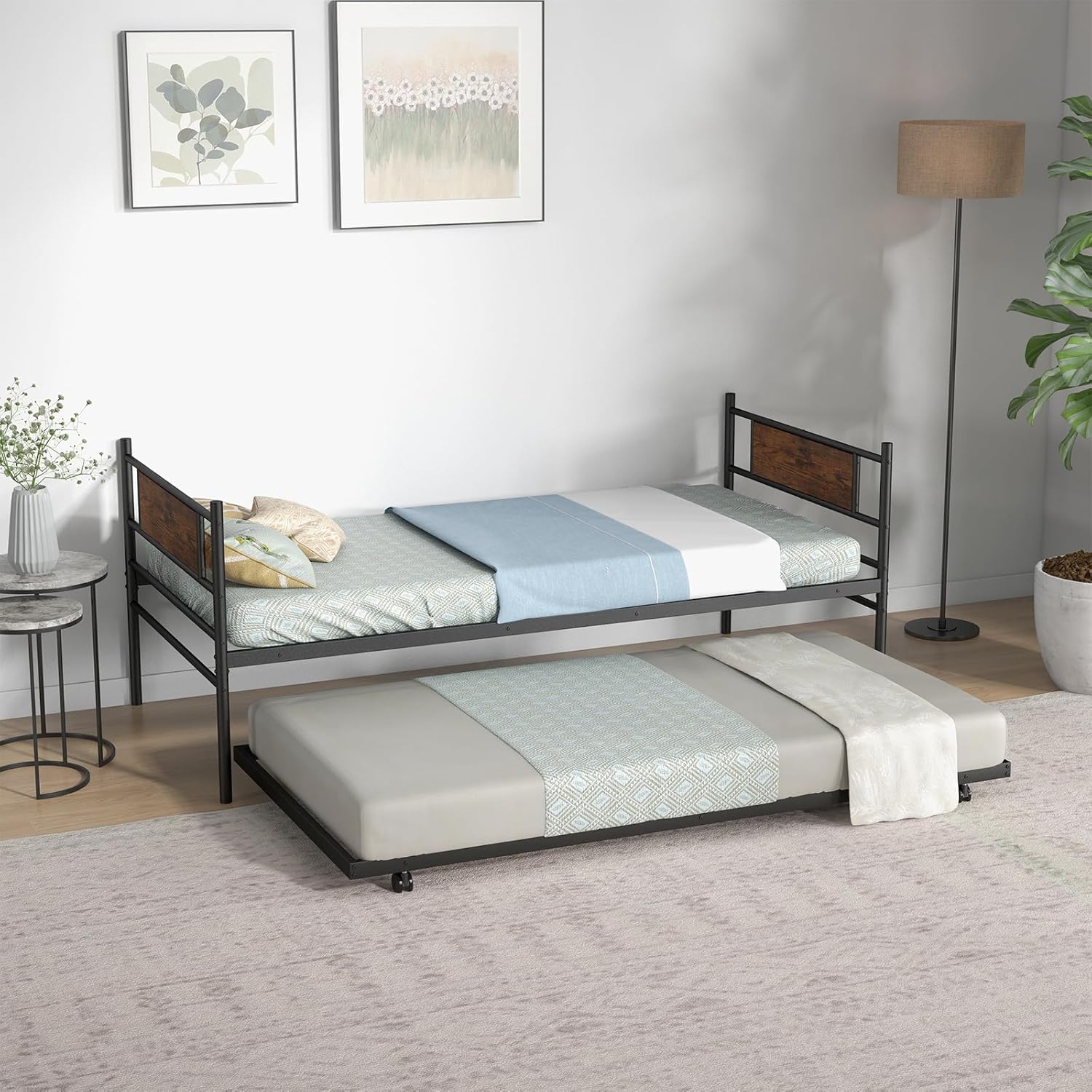 KOMFOTT Twin Metal Daybed with Trundle, Twin Size Sofa Daybed Frame, Heavy-Duty Steel Slats Support Platform Bed, Mattress Foundation, Day Bed with Trundle for Living Room, Guest Room