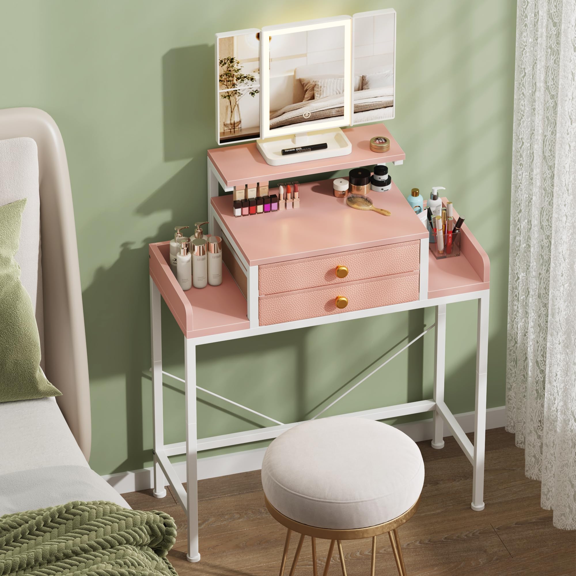 HIGDBFE Vanity Desk with Mirror and Lights, 28.4''W Small Makeup Vanity Table with Height-Adjustable Stand, 2 Fabric Drawers Compact Makeup Desk, Gift for Girls, Bedroom Small Space, White