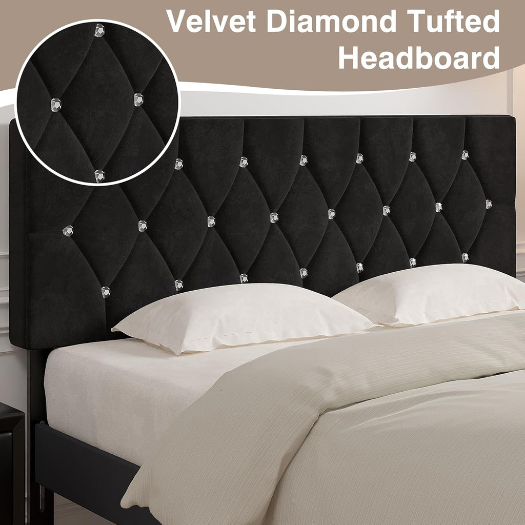 VECELO Tufted Upholstered Headboard Queen Size, with 6 Adjustable Height from 39.8" to 49.8", Button Diamond Design, Easy Assembly, Classic Black
