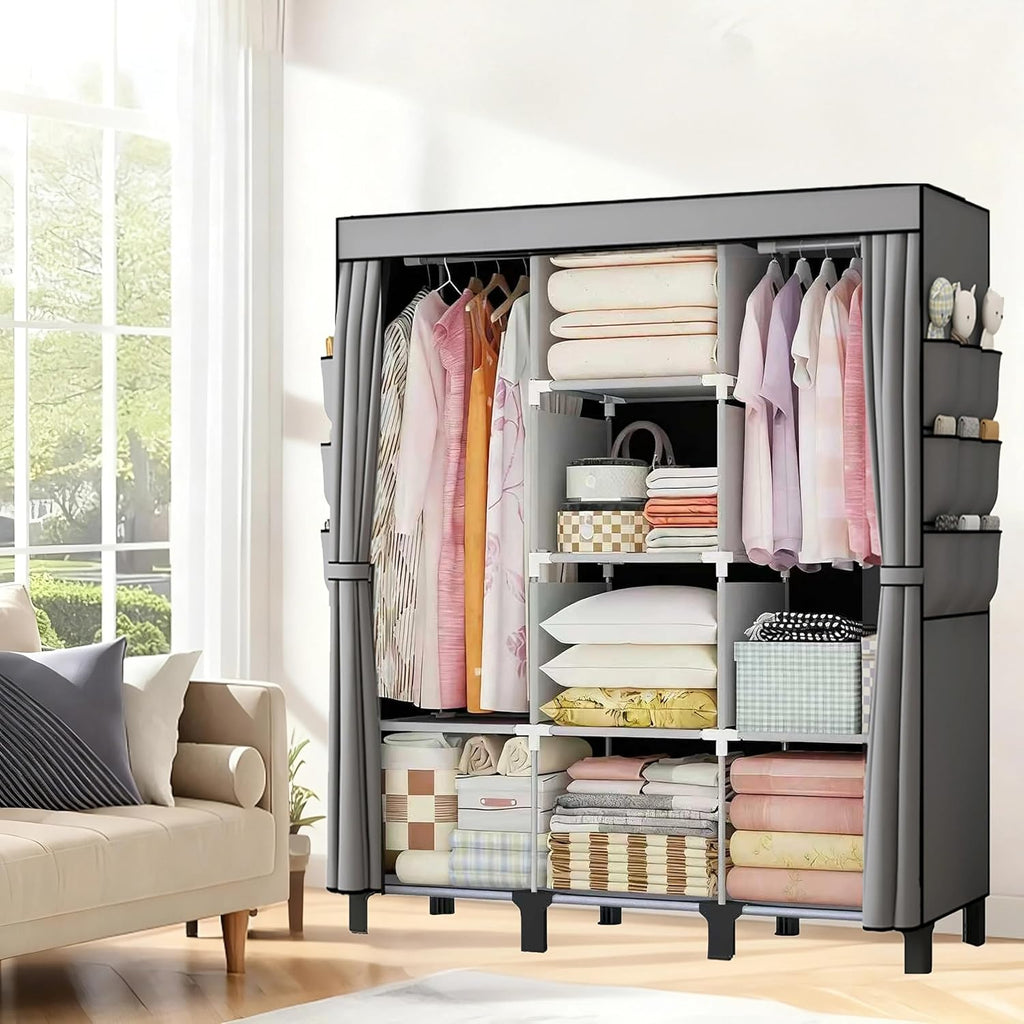 Portable Wardrobe, Easy Hanging Closet 6 Side Pockets Large Capacity Clothes Organizer Comes with 2 Hanging Poles and Shelves, Width 130cm, Depth 45cm, Height 172cm (Grey)