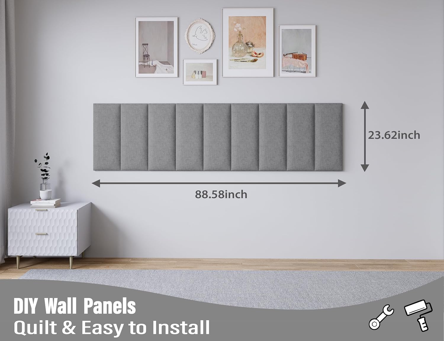 Peel and Stick Upholstered Wall Mounted Headboard Queen Size, 9 Panels Tufted Fabric Headboard,Wall Mounted Headboards, Interior Wall Panels for Bedroom, 10"x24" Dark Grey