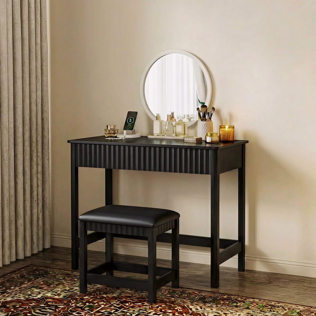 ChooChoo 40 Inch Modern Desk with Drawers, Makeup Vanity Desk with Padded Stool, Small Home Office Desk for Bedroom, White
